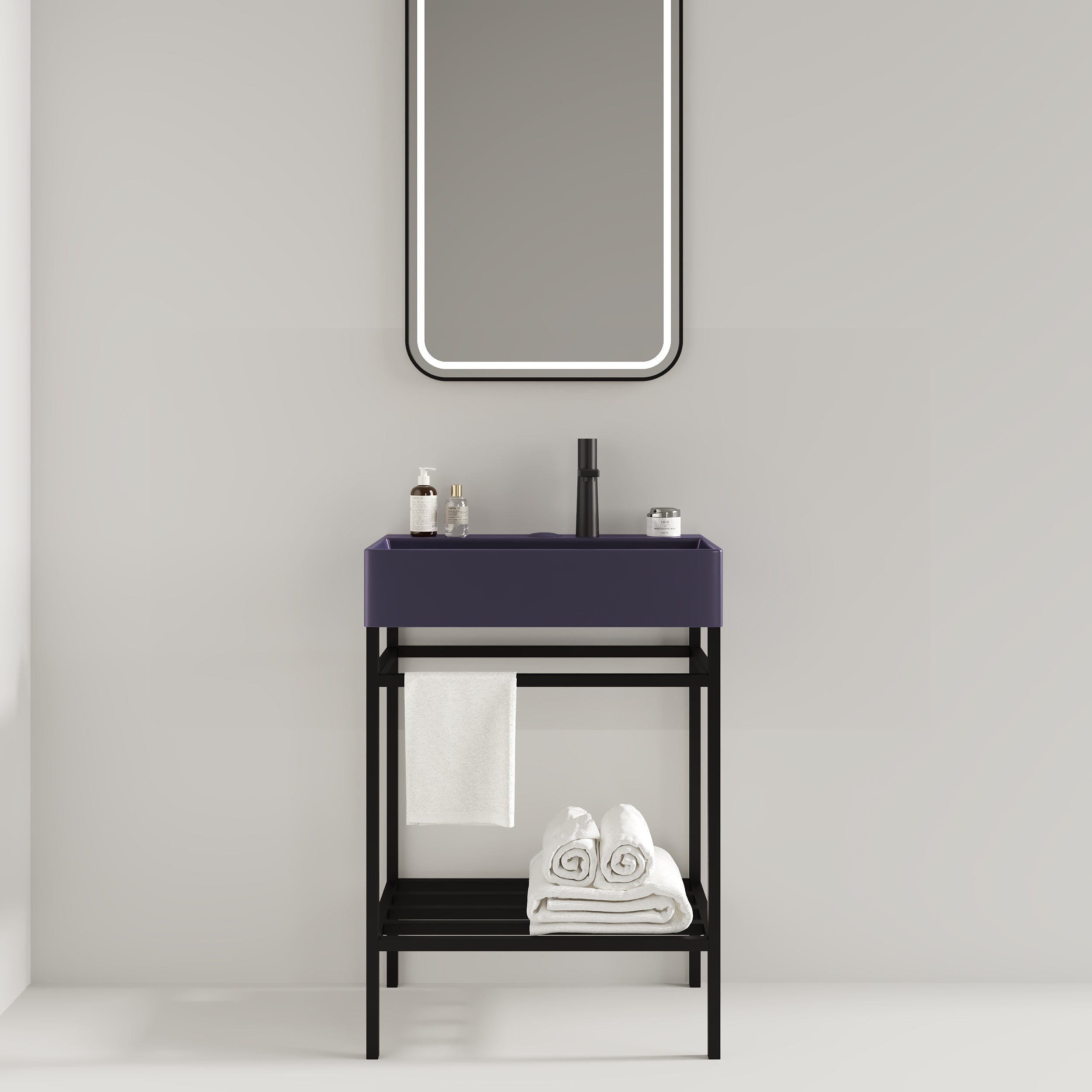 LOFI 24' Bathroom Vanity with Ceramic Basin, Freestanding Bathroom Console Sink Set, Glossy Purple Rectangular Ceramic Basin without Faucet, Open Metal Leg, Storage Shelves, Black Color