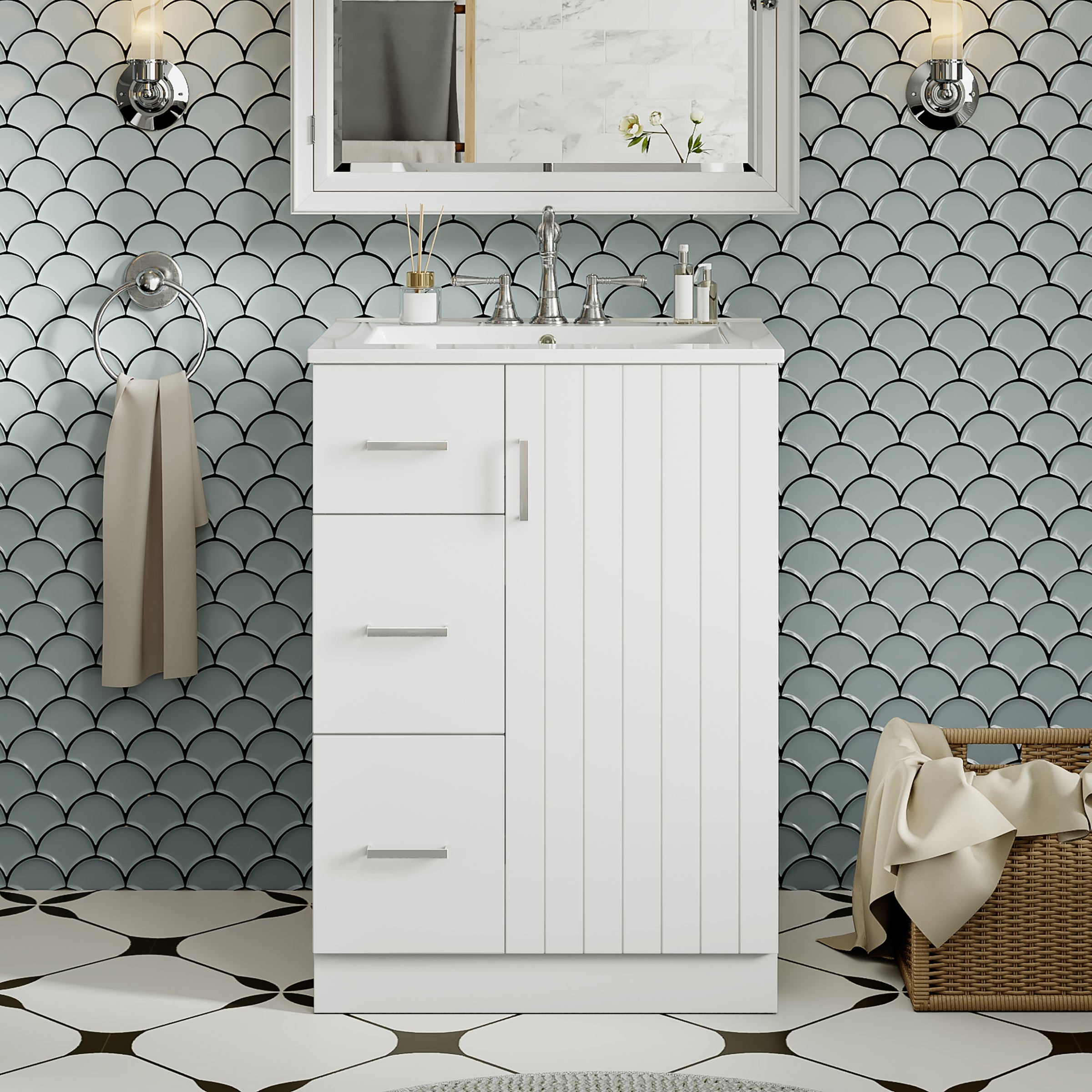 24' Modern Bathroom Vanity with Sink, Small Bathroom Sink Cabinet with 2 Drawers and Soft-Closing Door, Under-mount Sink Bathroom Cabinet with Drawers