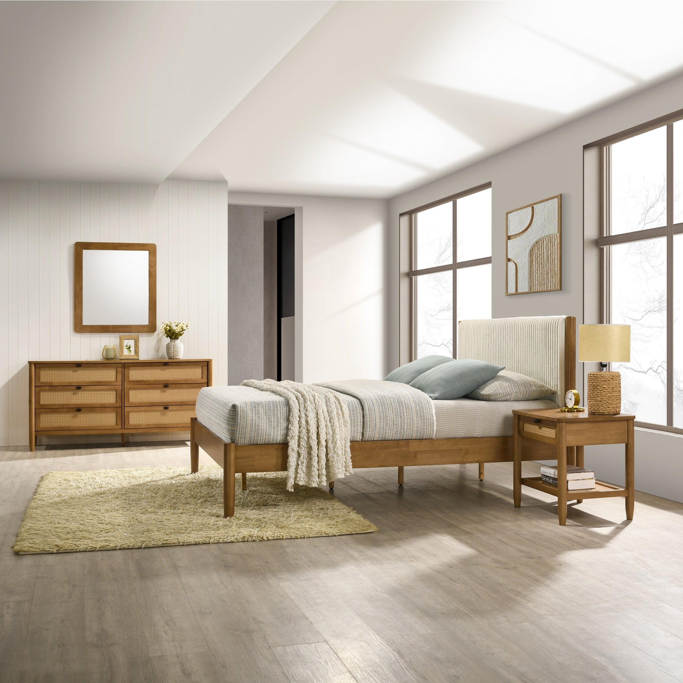 Vichy 4-Piece Rubberwood Bedroom Set with Corduroy Upholstered Queen Bed, Dresser, Mirror, and Nightstand