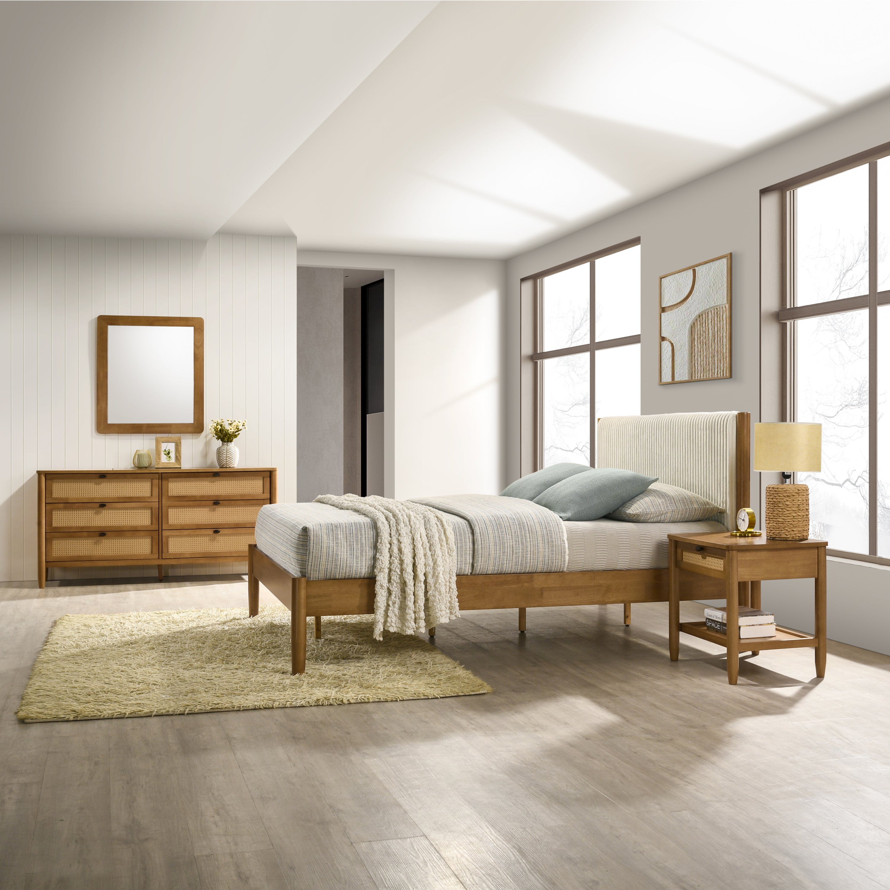 Vichy 4-Piece Rubberwood Bedroom Set with Corduroy Upholstered Queen Bed, Dresser, Mirror, and Nightstand