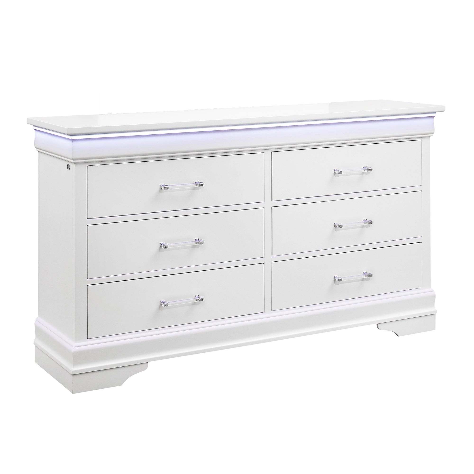 Charlston Transitional Style White Dresser with LED Lighting Solid Wood and MDF