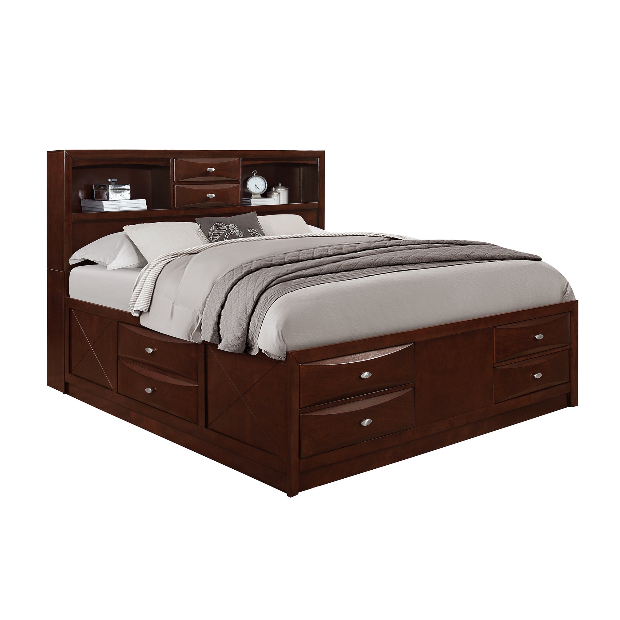 LUCILLE Merlot 5-Piece Queen Bedroom Set with Storage and Bookcase Headboard in Walnut Wood