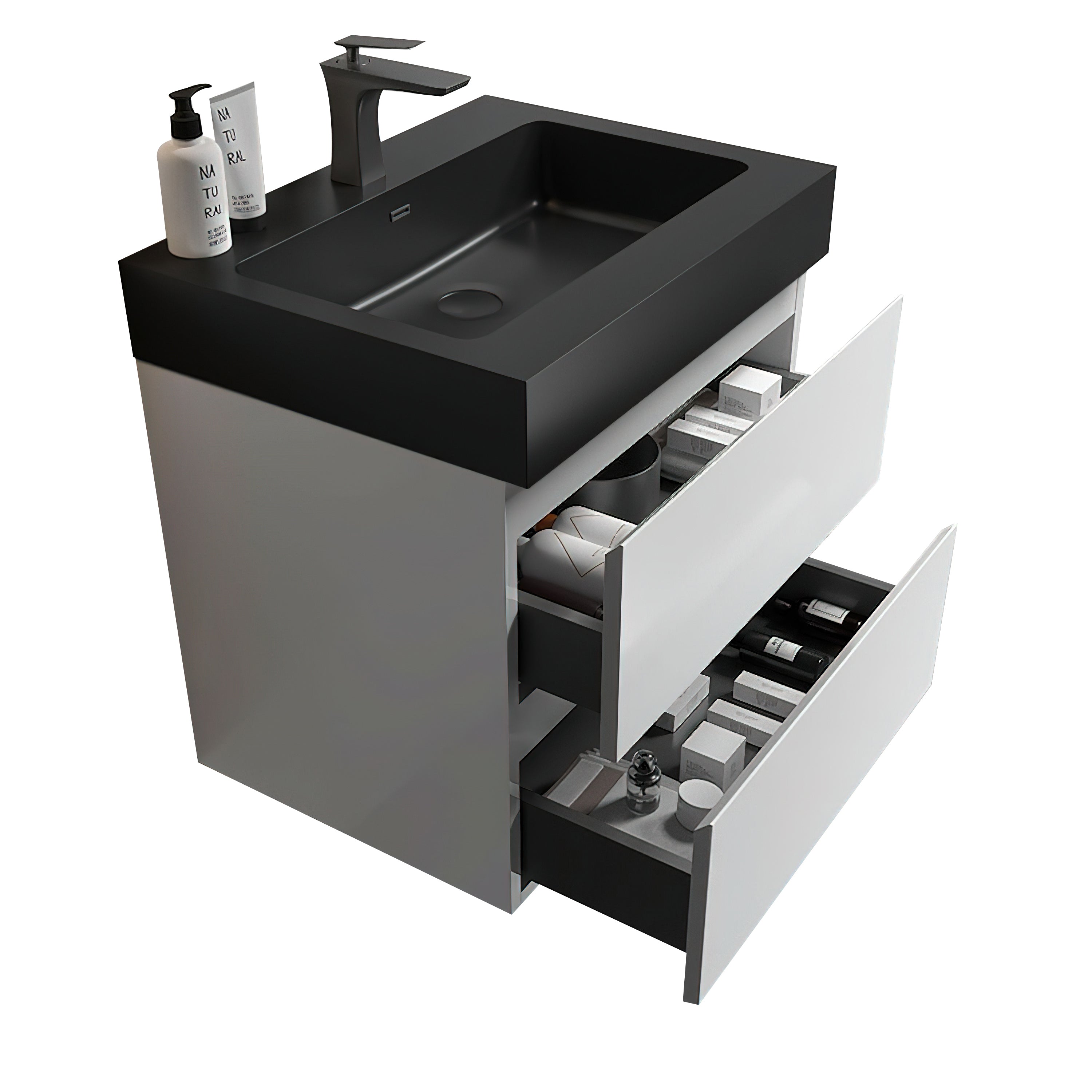 Alice 24' White Bathroom Vanity with Large Storage, Wall Mounted Floating Design, Matte Black Basin, Pre-assembled