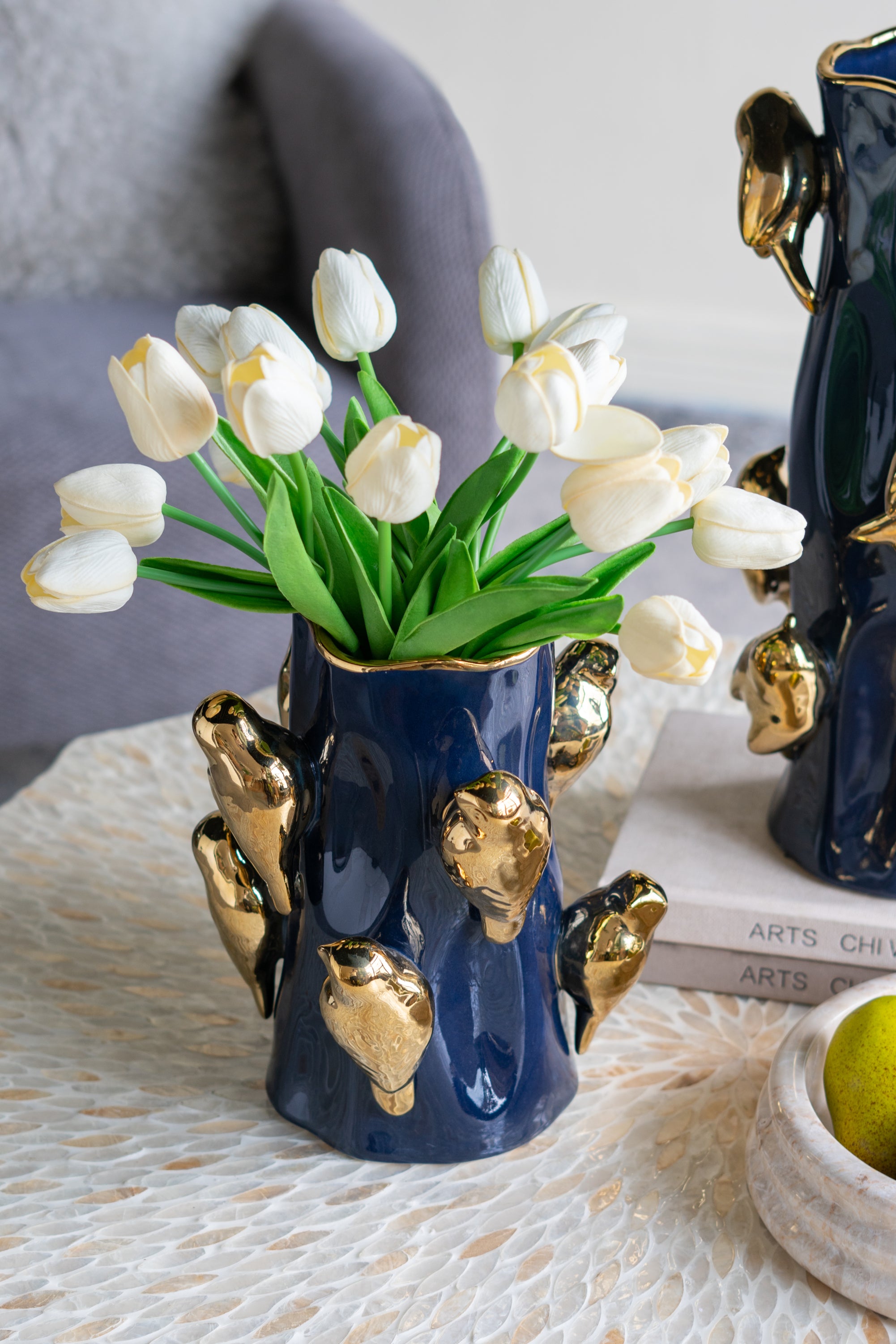 8.7x8.7x9.5' Blue Ceramic Tree Branch Vase with Gold Bird Accents