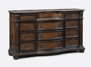 1pc Marble Top 11 Drawers Dresser Intricate Moldings Beautifully Curved Silhouette Antiqued Hardware Coffee Brown Finish Bedroom Solid Wood Furniture