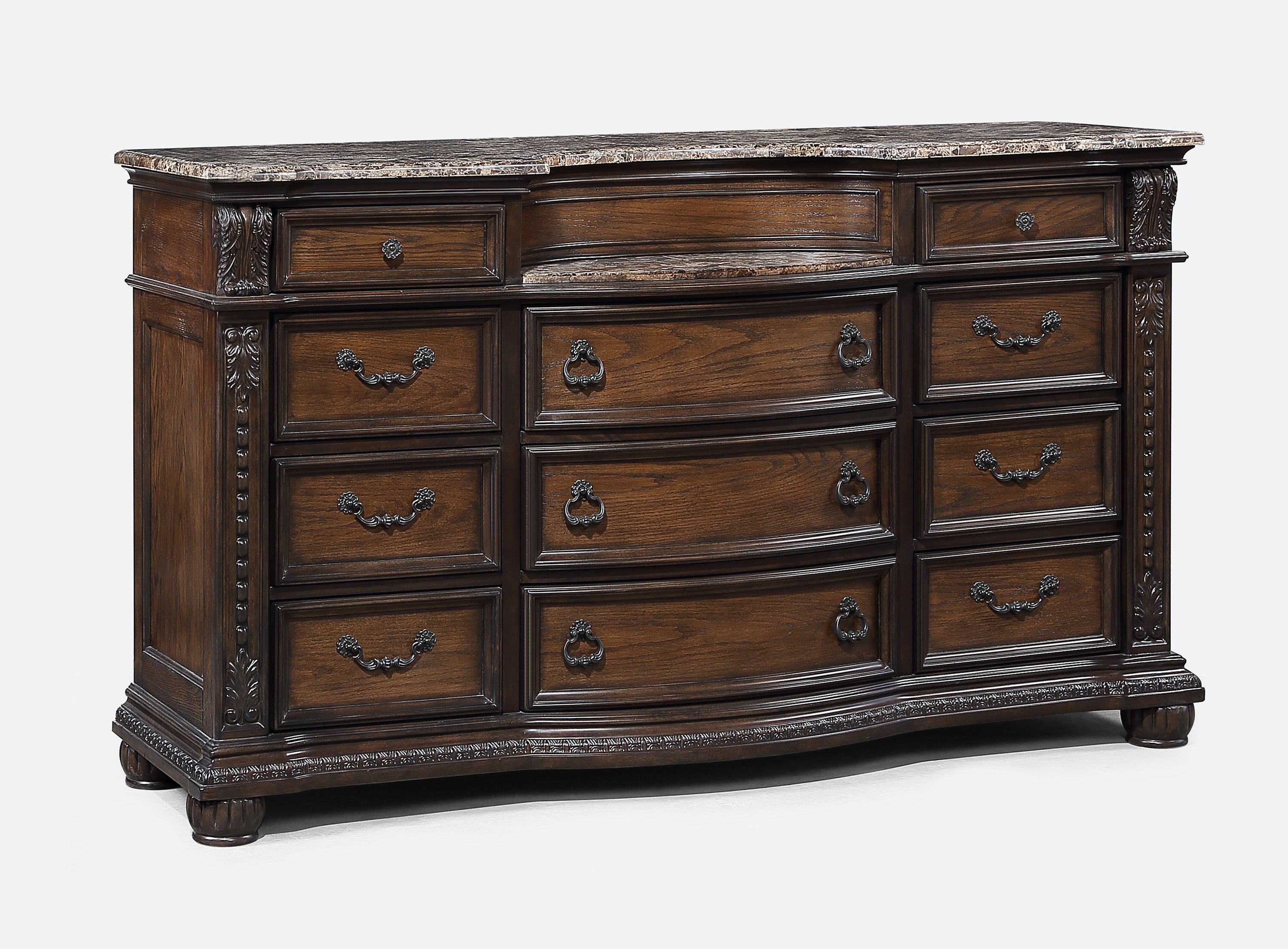 1pc Marble Top 11 Drawers Dresser Intricate Moldings Beautifully Curved Silhouette Antiqued Hardware Coffee Brown Finish Bedroom Solid Wood Furniture