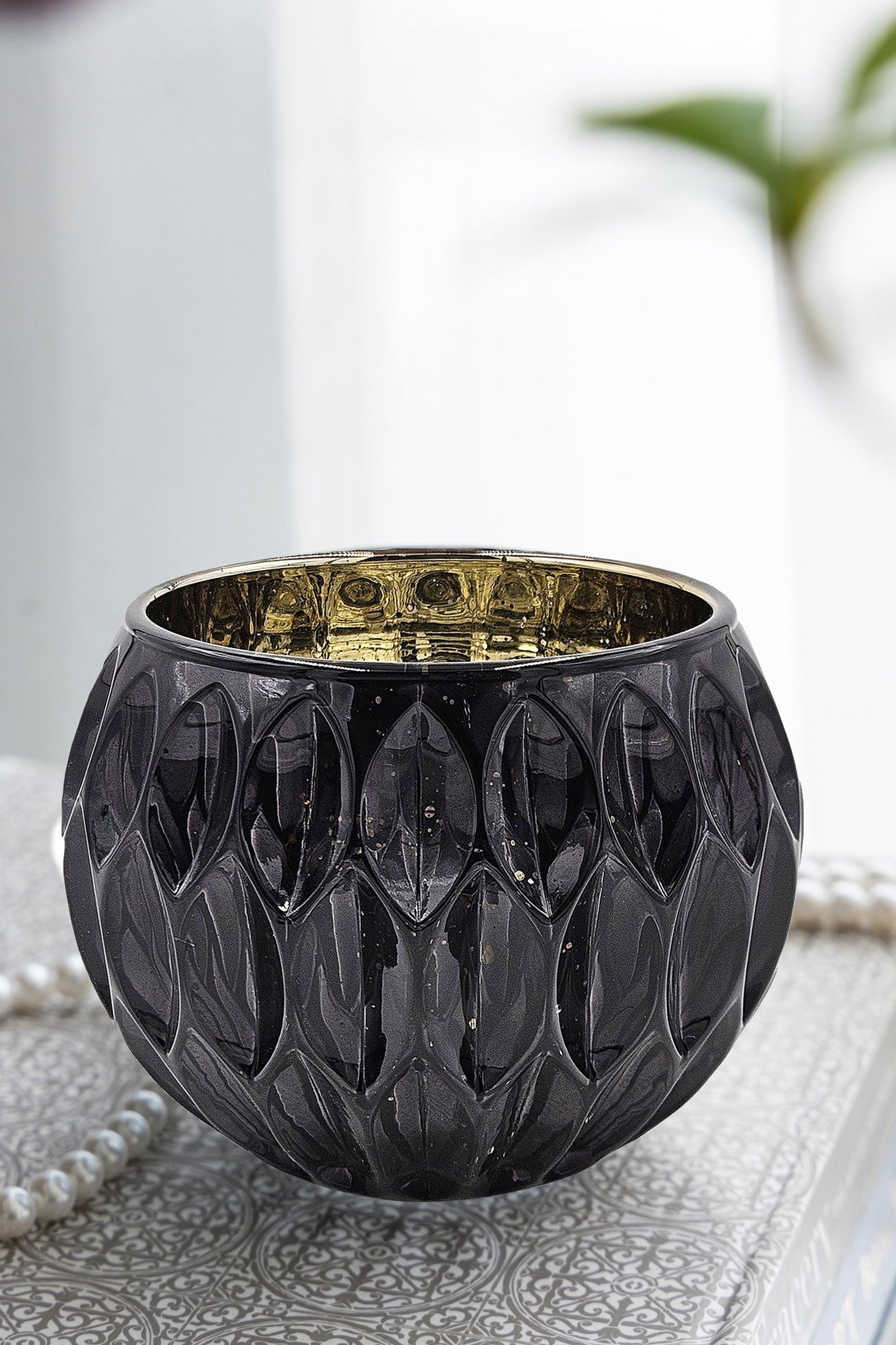 5.9' SHINY BLACK OVAL CUTOUT TEXT GLASS GOLD MERCURY INTERIOR, 4 Pack