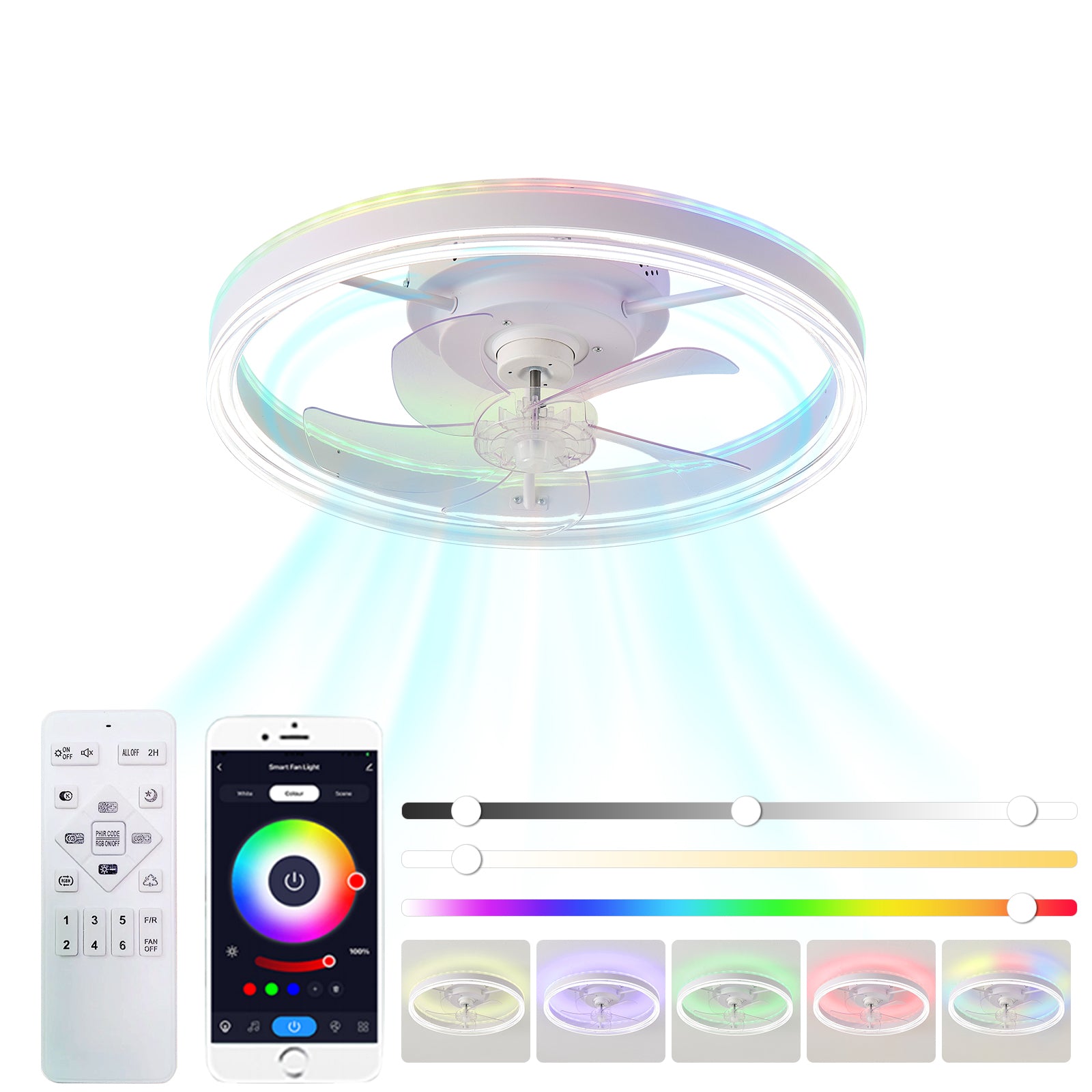 19.7 inches fan light RGB color lights three color temperature 6-speed adjustable wind power positive and negative rotation