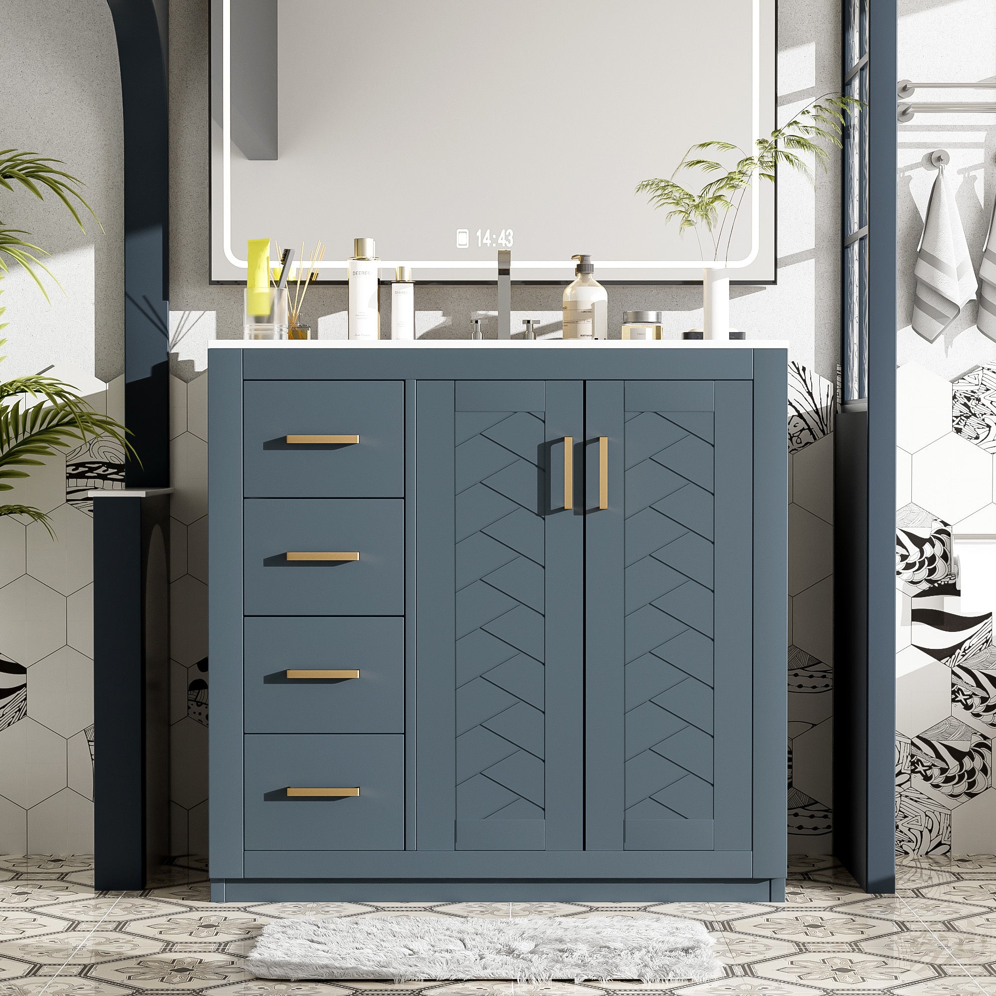 36'' Bathroom Vanity with Ceramic Sink Combo, Solid Wood Frame Bathroom Storage Cabinet, Freestanding Vanity Set with 3 Drawers& Soft Closing Doors