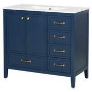 Elegant Vintage 36' Bathroom Vanity with Sink, Soft-Closing Door, 4 Drawers of Different Sizes, Solid Wood Frame and Leg, Blue