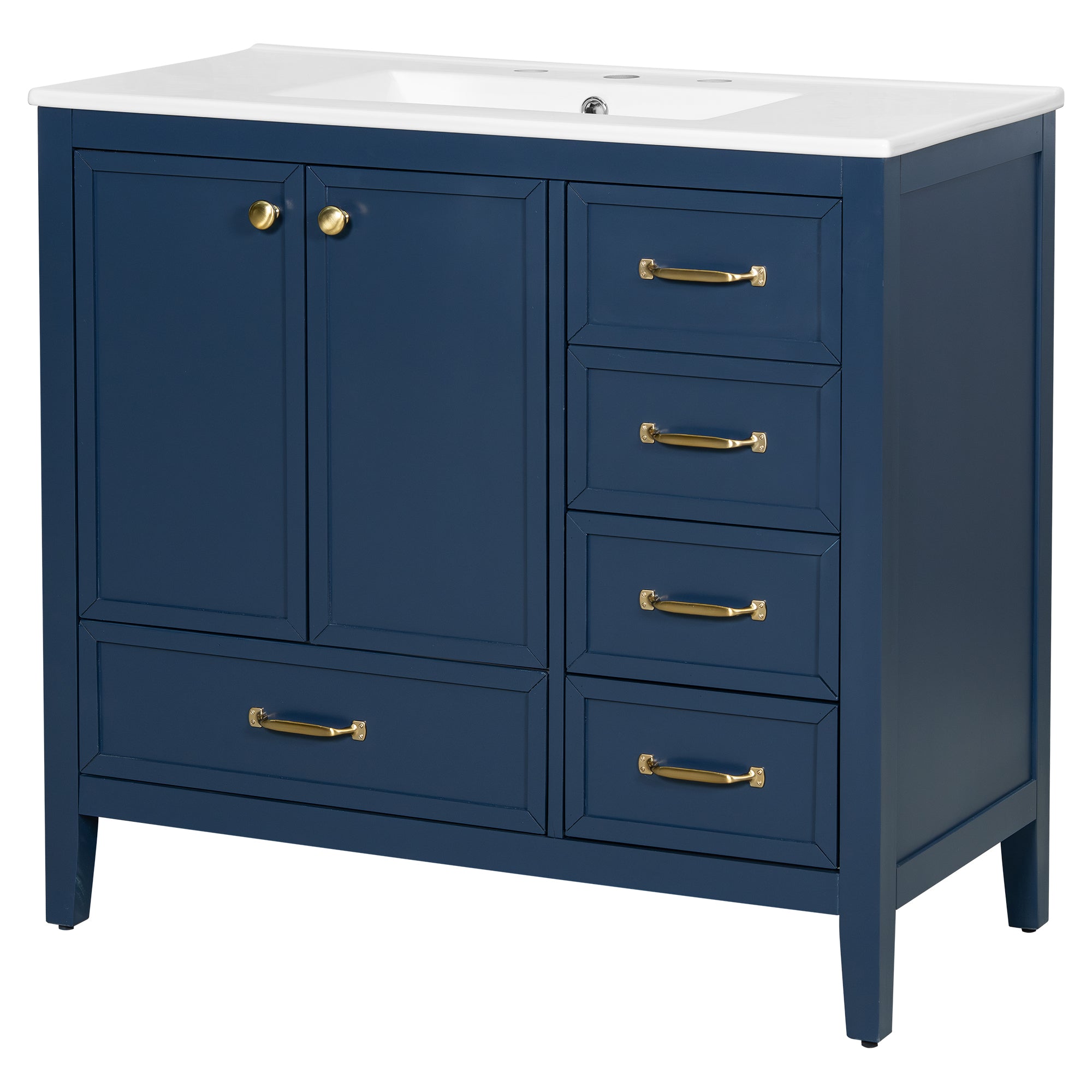 Elegant Vintage 36' Bathroom Vanity with Sink, Soft-Closing Door, 4 Drawers of Different Sizes, Solid Wood Frame and Leg, Blue