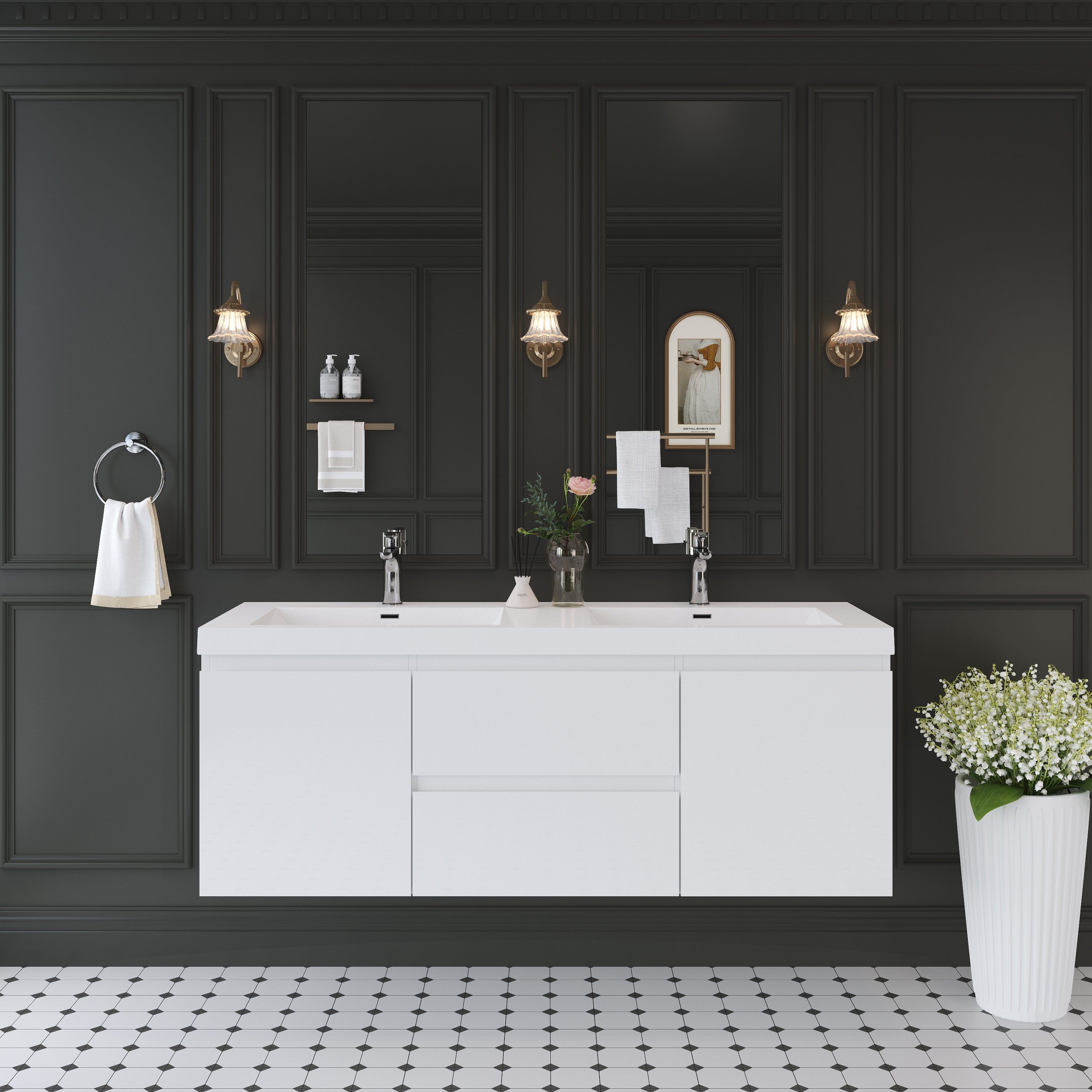 60' Floating Bathroom Vanity with Sink, Modern Wall-Mounted Bathroom Storage Vanity Cabinet with Solid Surface Top Basin and Two Soft Close Drawers, Glossy White 24V11-60DGW