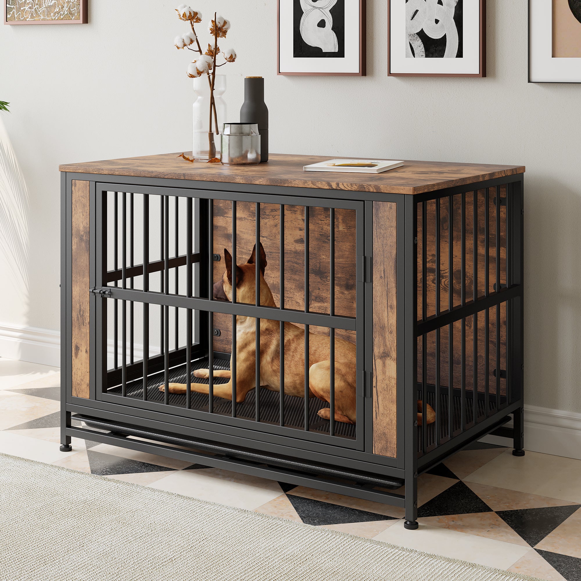 Dog Crate Furniture,  Wooden Dog Crate Table, 38.9' Dog Kennel with 2 Sliding Doors and Thick Iron Door Frame, Decorative Pet Crate House for Large/Medium/Small Dog Indoor Use(Rustic Brown)