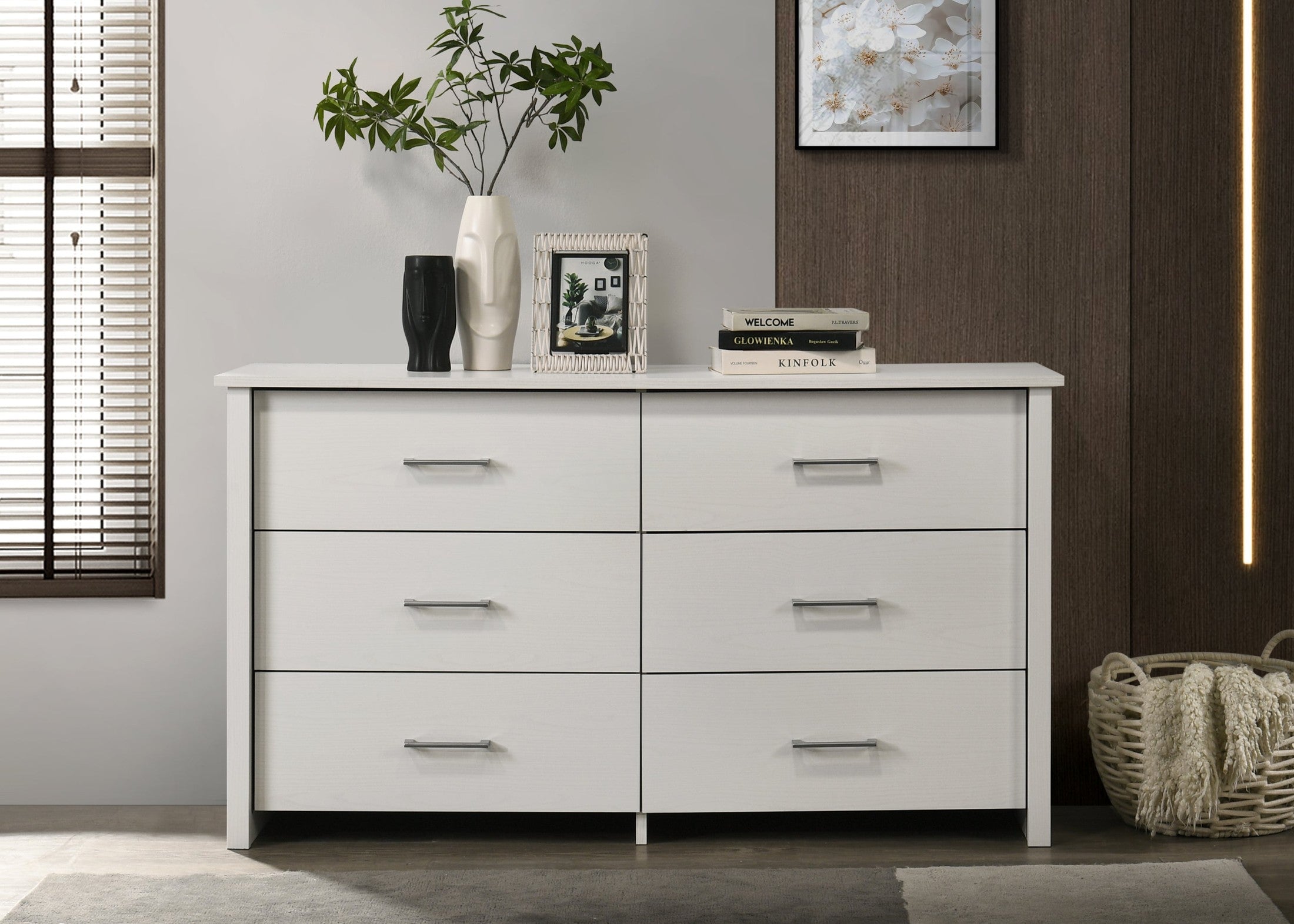 Celeste 57'W White 6-Drawer Dresser with Silver Handles