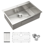 Modern 28 Inch Drop In Kitchen Sink with Single Bowl in Durable 16 Gauge Stainless Steel, Brushed Nickel Finish