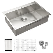 33 Inch Drop In Kitchen Sink with Brushed Nickel Finish, 16 Gauge T304 Stainless Steel Single Bowl Sink, 33 x 19 x 9 Inches