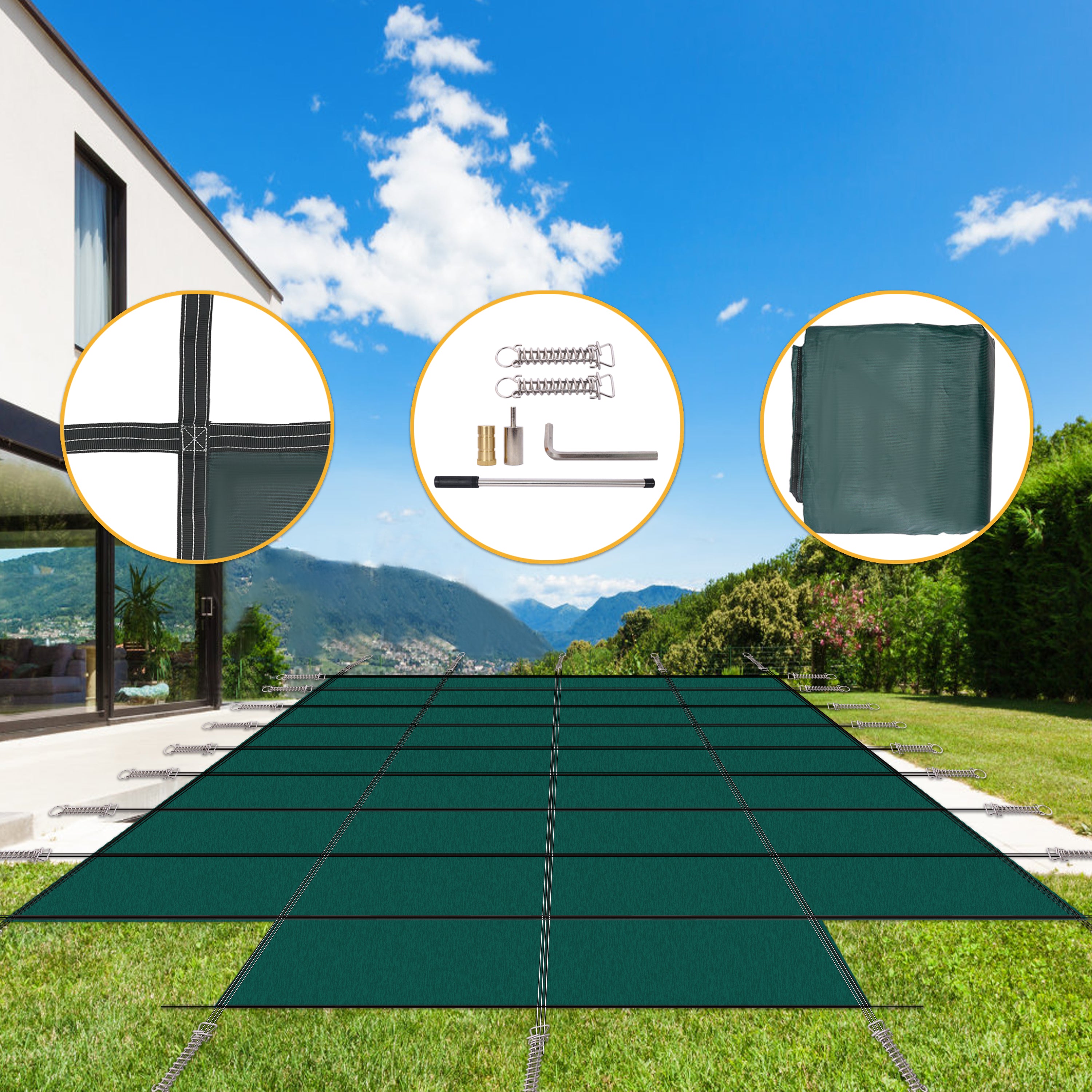 Green Mesh Pool Safety Cover for 20x40ft Rectangular Inground Winter Swimming Pools with 4x8ft Center End Step, Triple Stitched High Strength Mesh PP