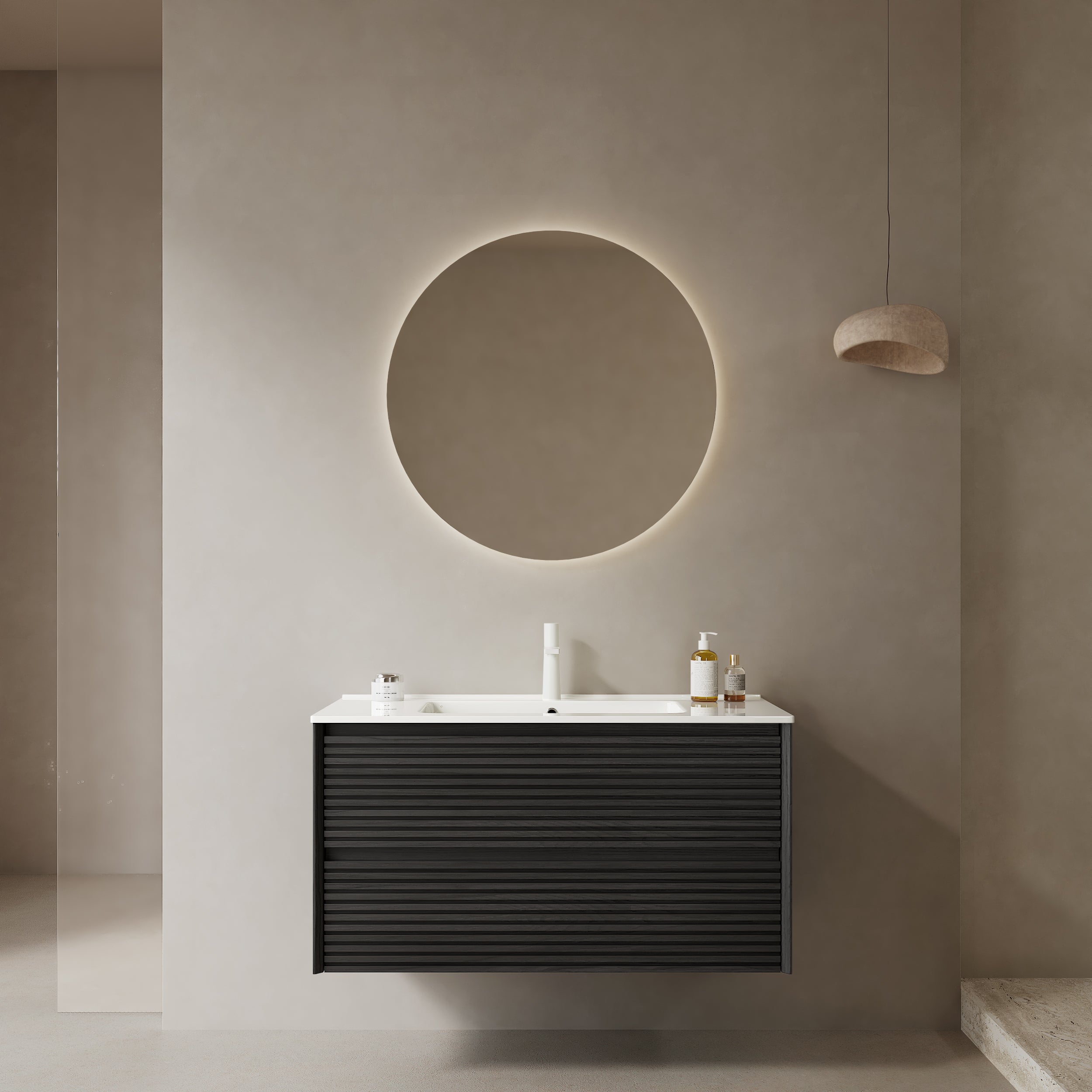 BRON 36' Bathroom Vanity with Sink, Wall-Mounted Floating Plywood Bathroom Storage Cabinet with 2 Drawers, White Ceramic Basin, Pre-assembled, Dark Oak Woodgrain Color