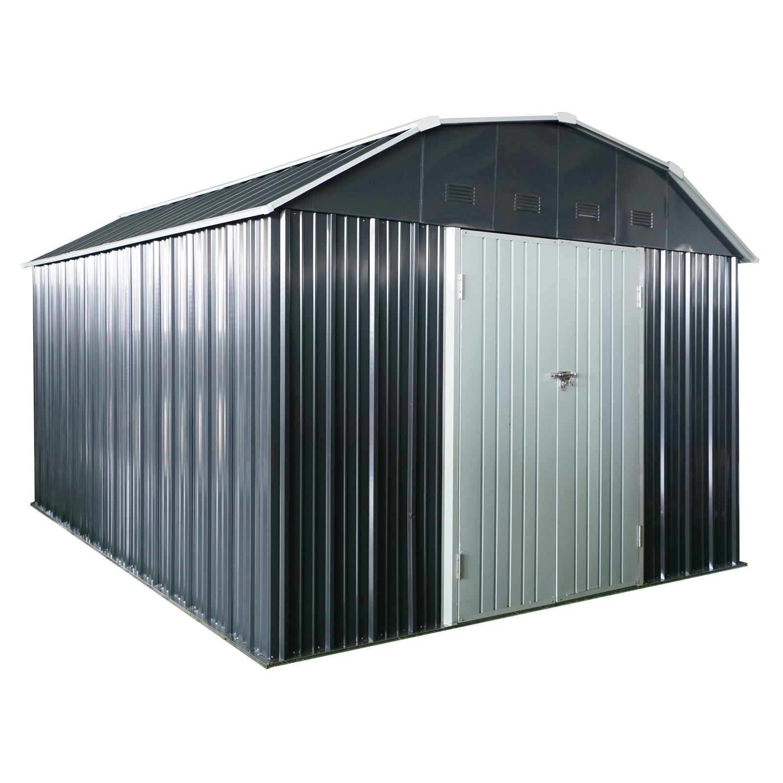 Outdoor Metal Storage Shed with Arch Roof and Lockable Doors for Backyard Garden Patio Lawn, Black Iron, 10 ft x 12 ft