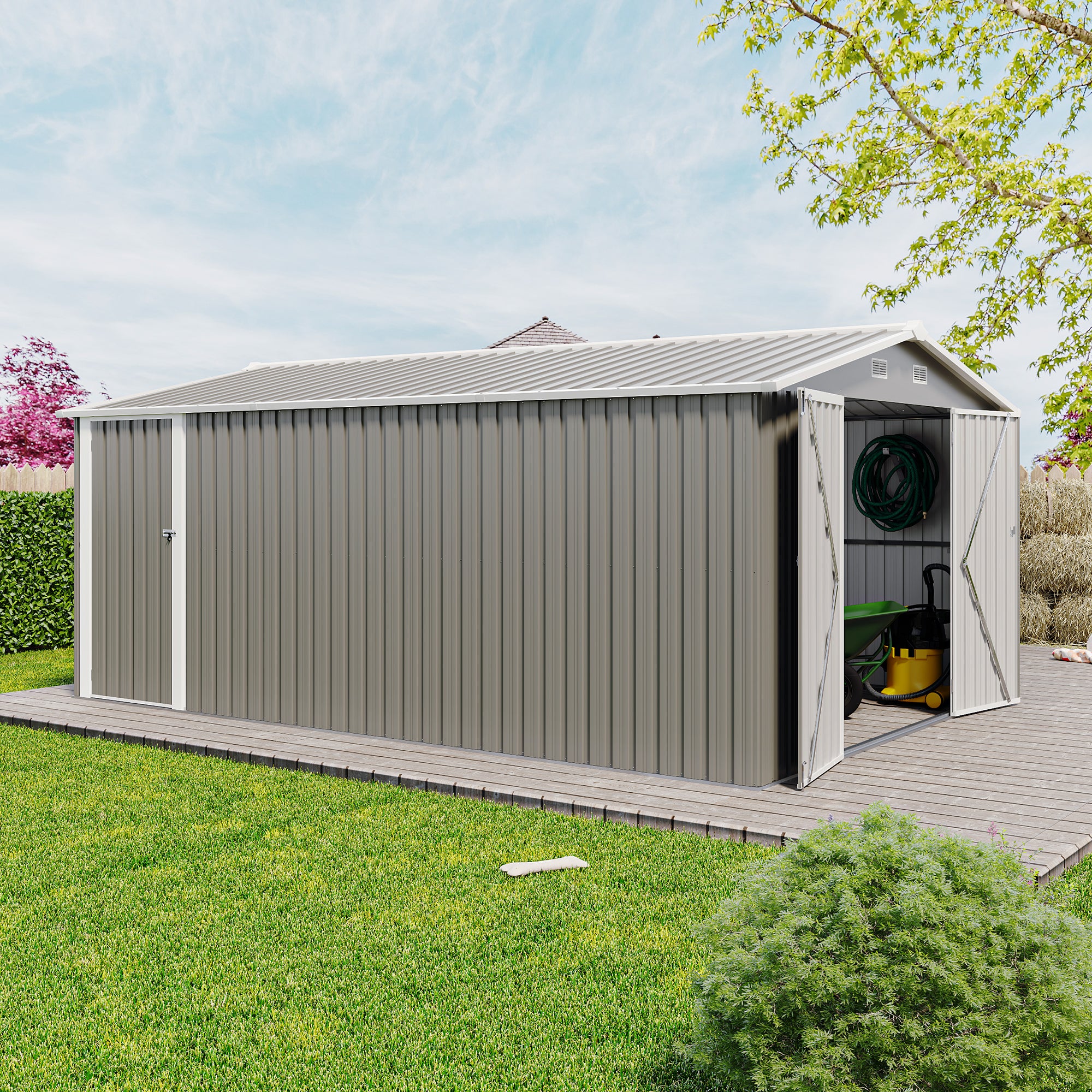 Campcraft  Outdoor Storage Shed 10×14 FT with 3 Lockable Doors,Utility Tool Shed Metal Storage Garden Sheds  Frame and 4 Vents,for Backyard,Patio,Lawn,Light Grey