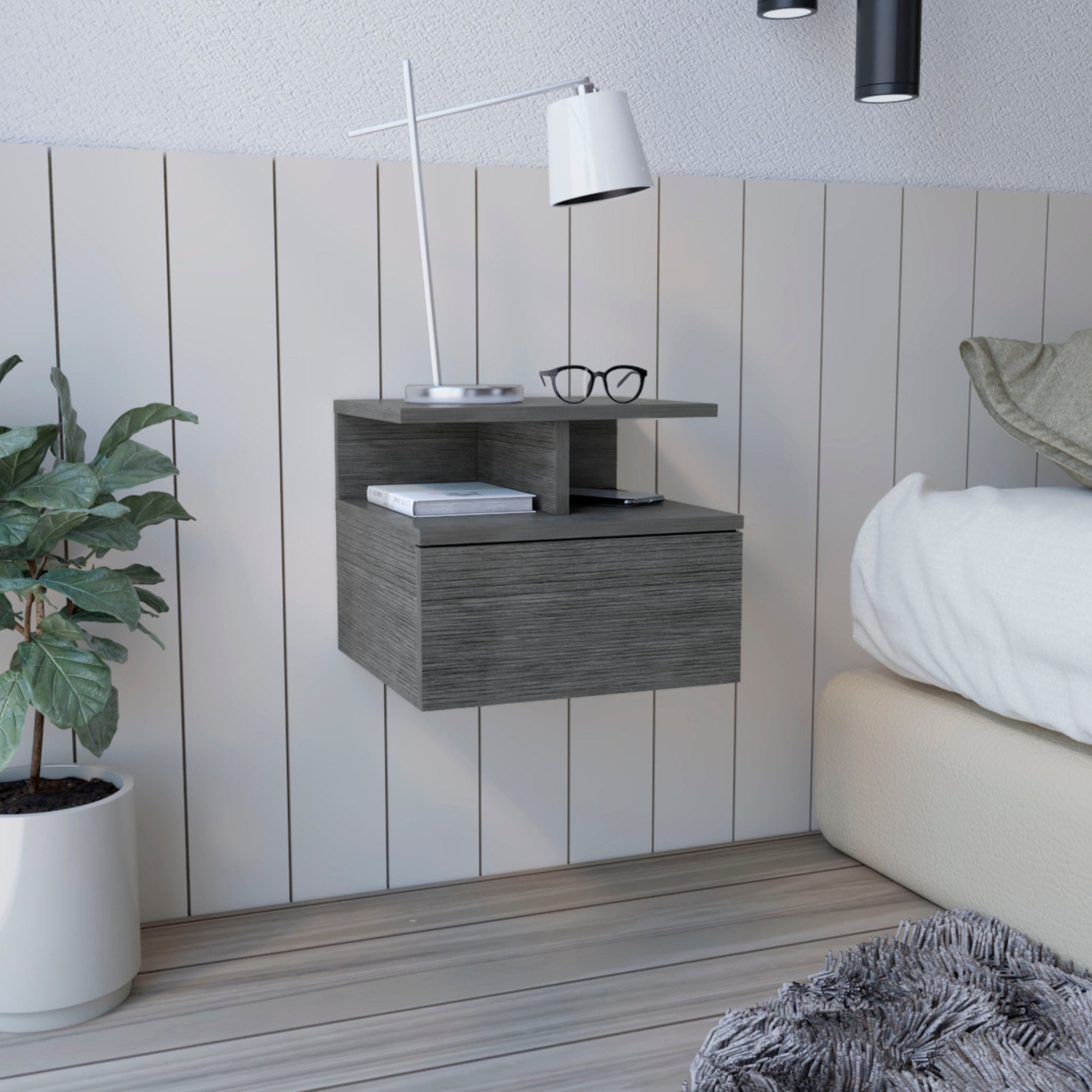 Adele Floating Nightstand with Drawer and Open Storage Shelves