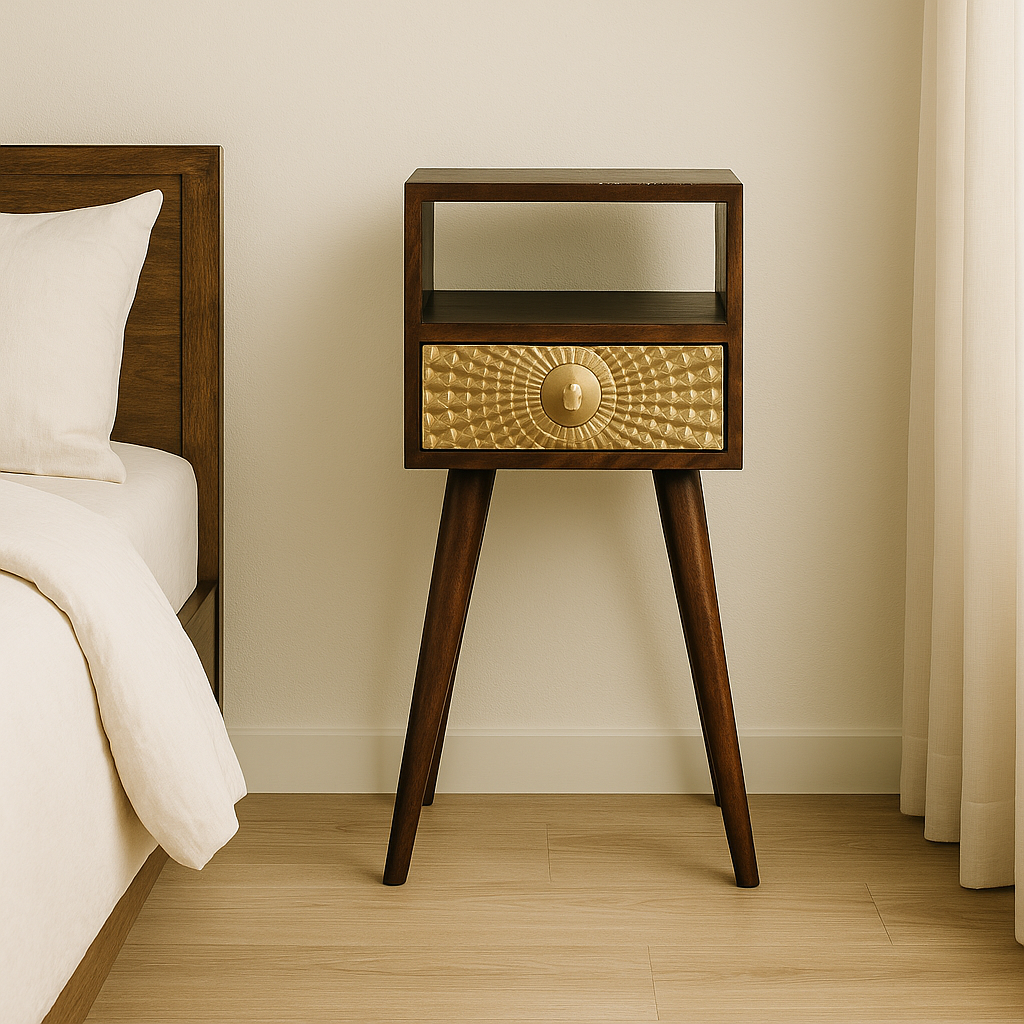 Solid Wood Eden Mini Nightstand, 1-Drawer, 1 Open-Slot, Nordic Legs, Gold and Dark Brown
