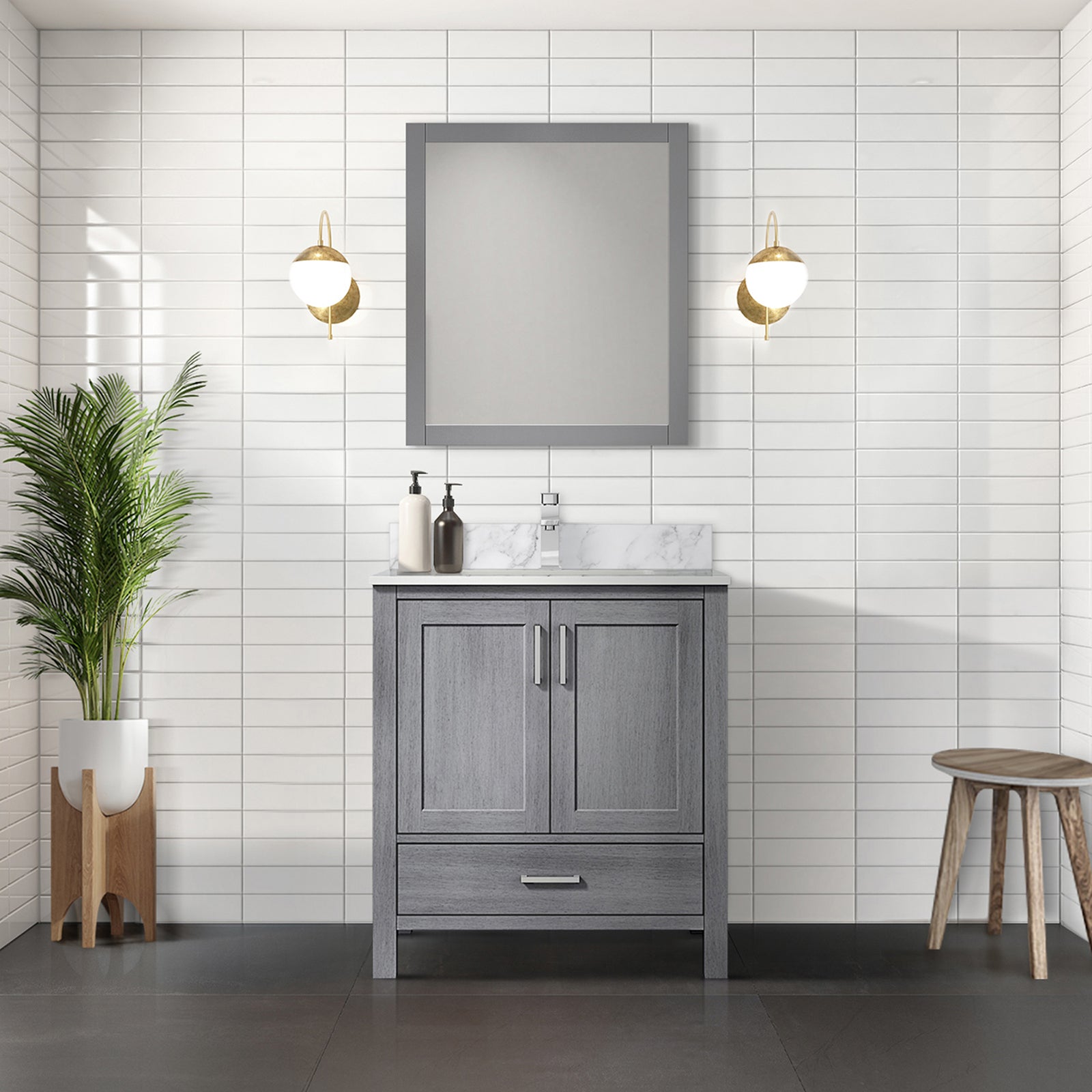 Distressed Grey Bath Vanity 30 in. W x 22 in. D, Carrara Marble Top, and Faucet Set