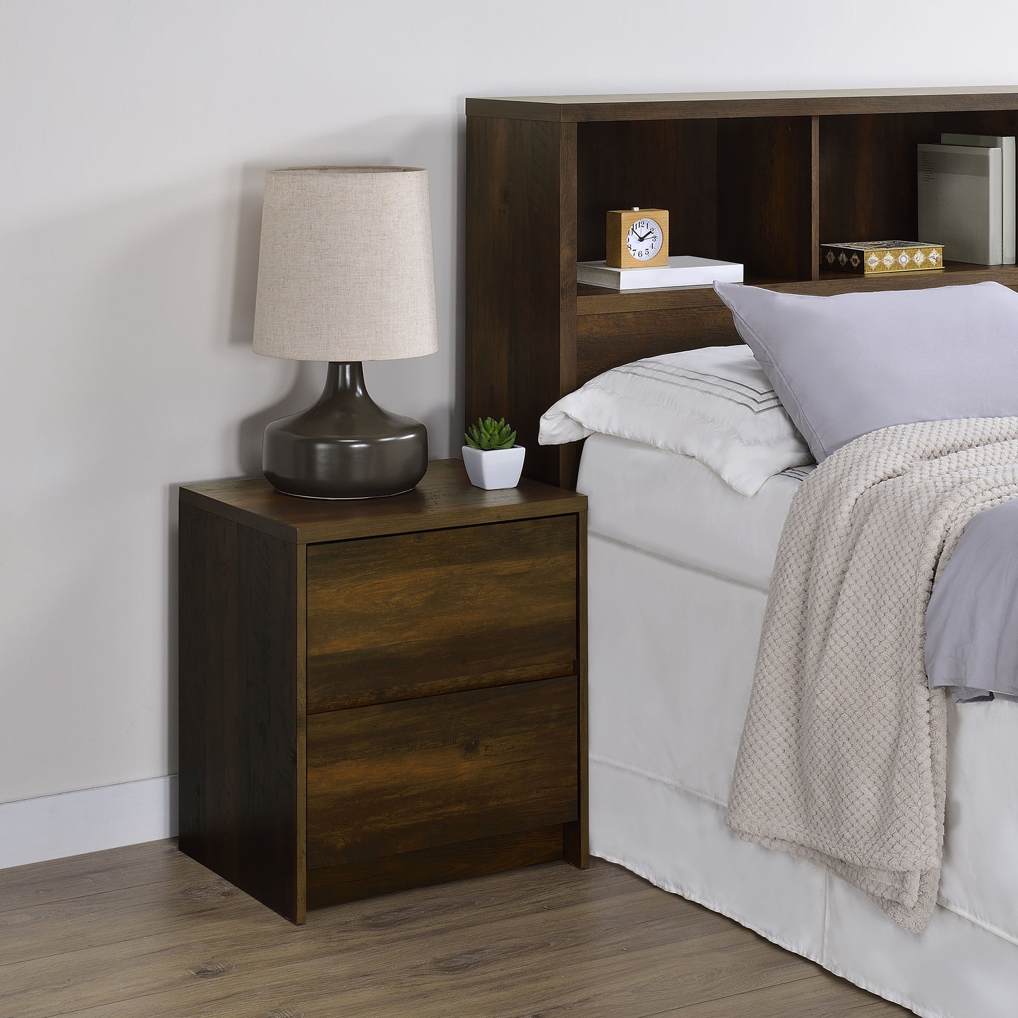 Geary Dark Pine 2-drawer Nightstand LED Lights and USB