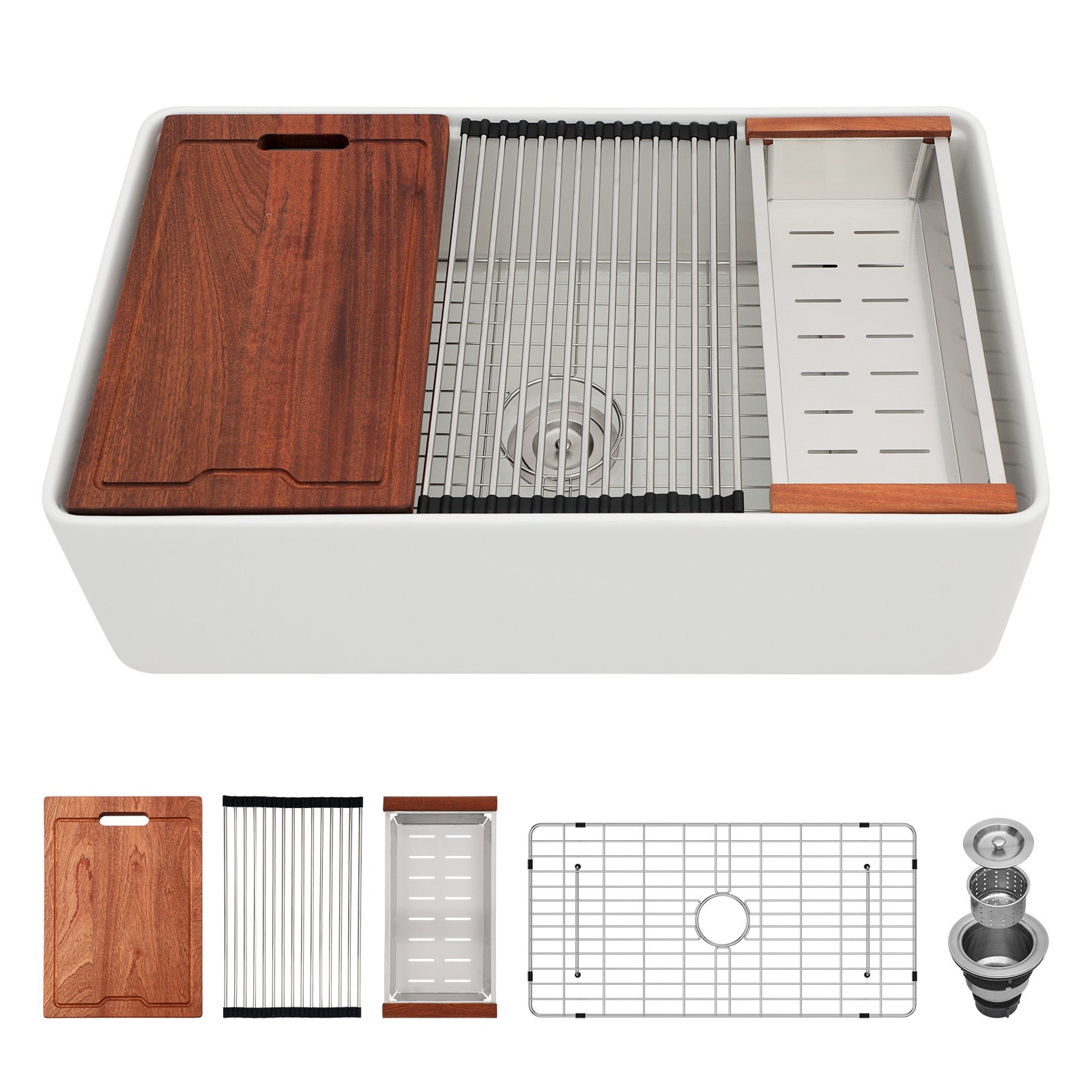 Ceramic White Farmhouse Sink Workstation 33x20 inch - Single Bowl Farm Kitchen Sink