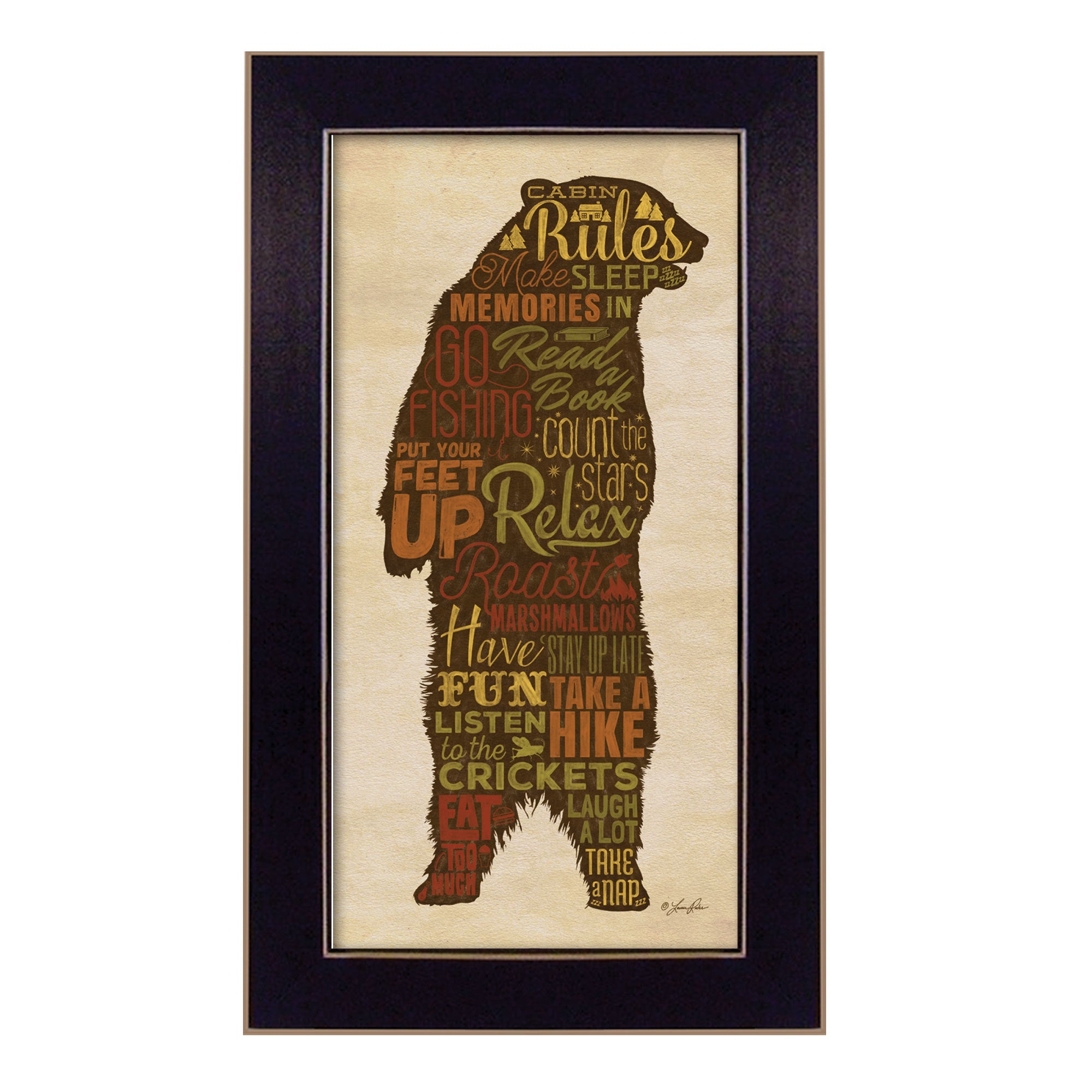 'Cabin rules' By Lauren Rader, Printed Wall Art, Ready To Hang Framed Poster, Black Frame