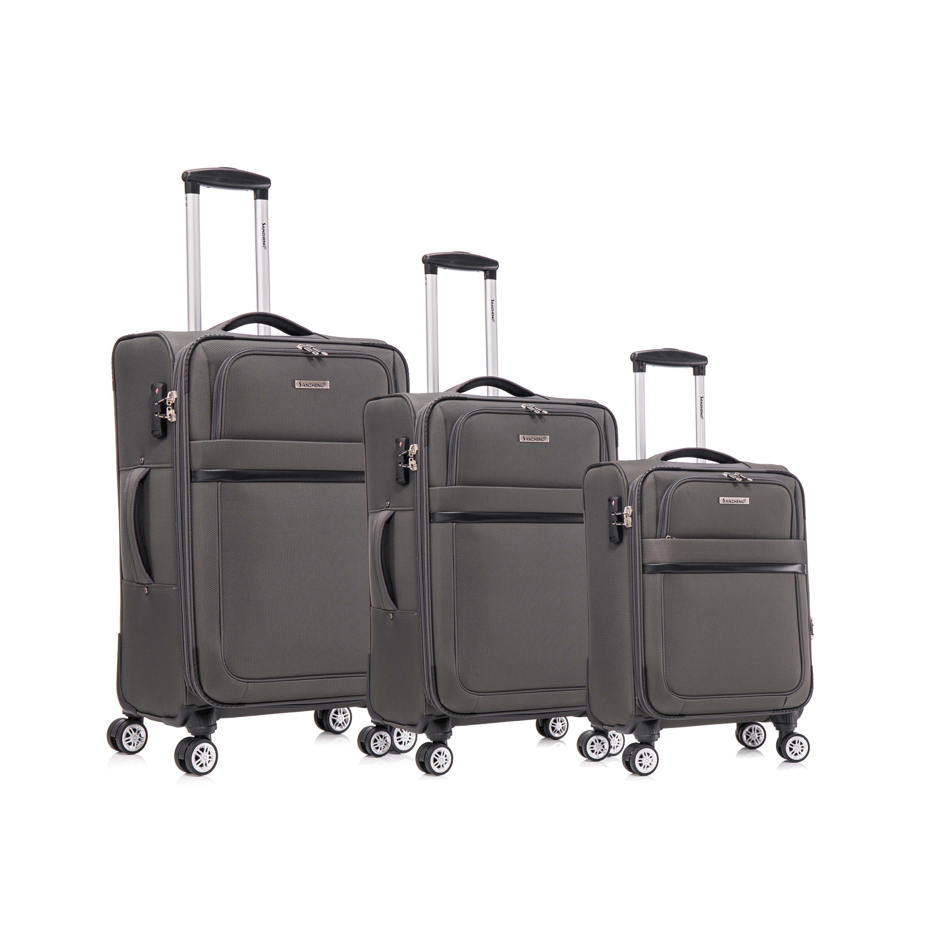 3-piece fabric soft luggage set with swivel wheels and password lock.GREY. 20/26/30 inches