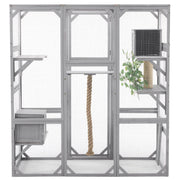Outdoor Cat House, DIY Cat Enclosure Catio with Double Enter Doors, Light Grey Pine Wood, 62.8'L x 32.2'W x 68.5'H