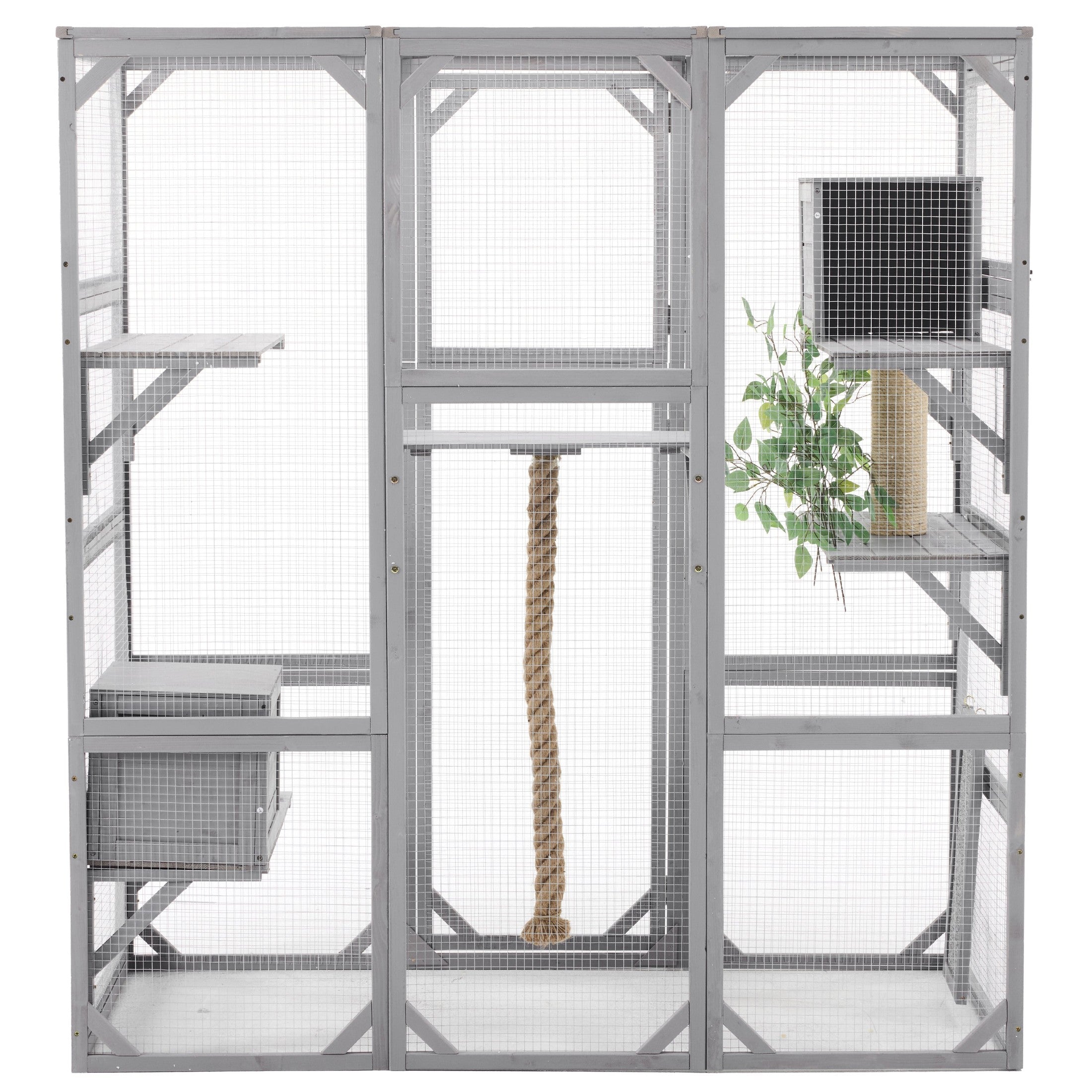 Outdoor Cat House, DIY Cat Enclosure Catio with Double Enter Doors, Light Grey Pine Wood, 62.8'L x 32.2'W x 68.5'H