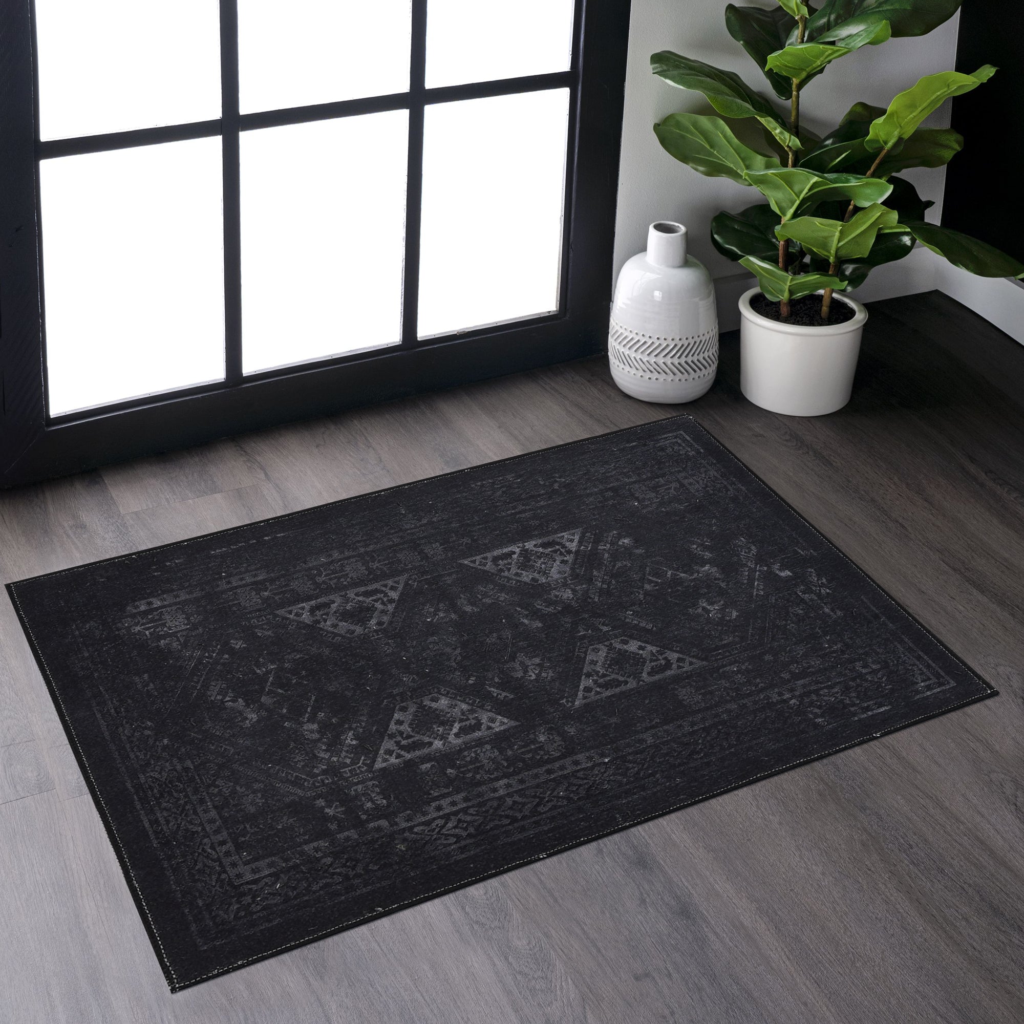 MAVAL Black Washable Rug 2' x 3' Doormat Rug (Black+Gray, 2' x 3')