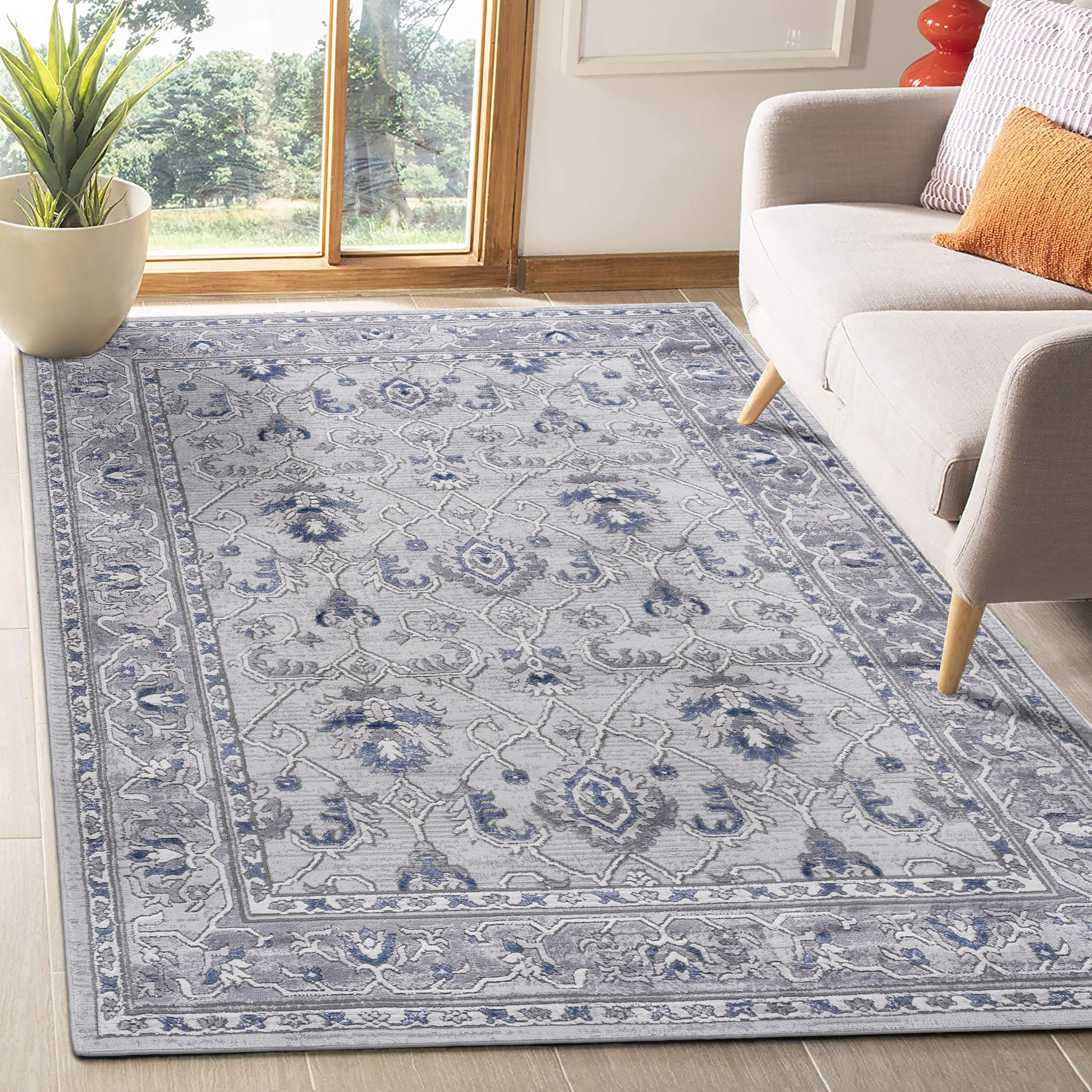 LOOM & LUXE Collection 8X10 Grey/Blue/Oriental Non-Shedding Living Room Bedroom Dining Home Office Stylish and Stain Resistant Area Rug