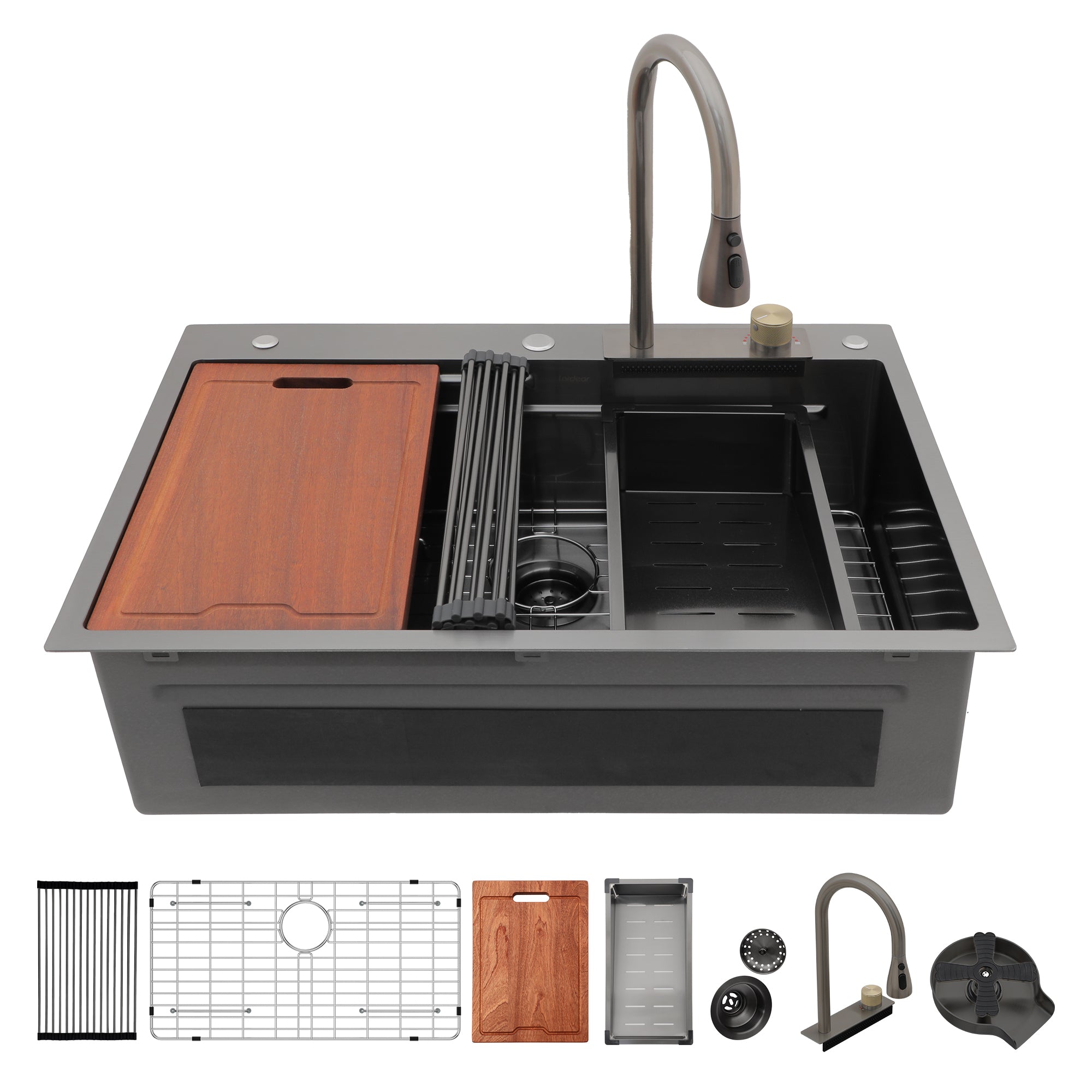 33x22 Inch Gunmetal Black Drop in Waterfall Kitchen Sink with Pull-Out Faucet & Cup Washer, 16 Gauge Stainless Steel