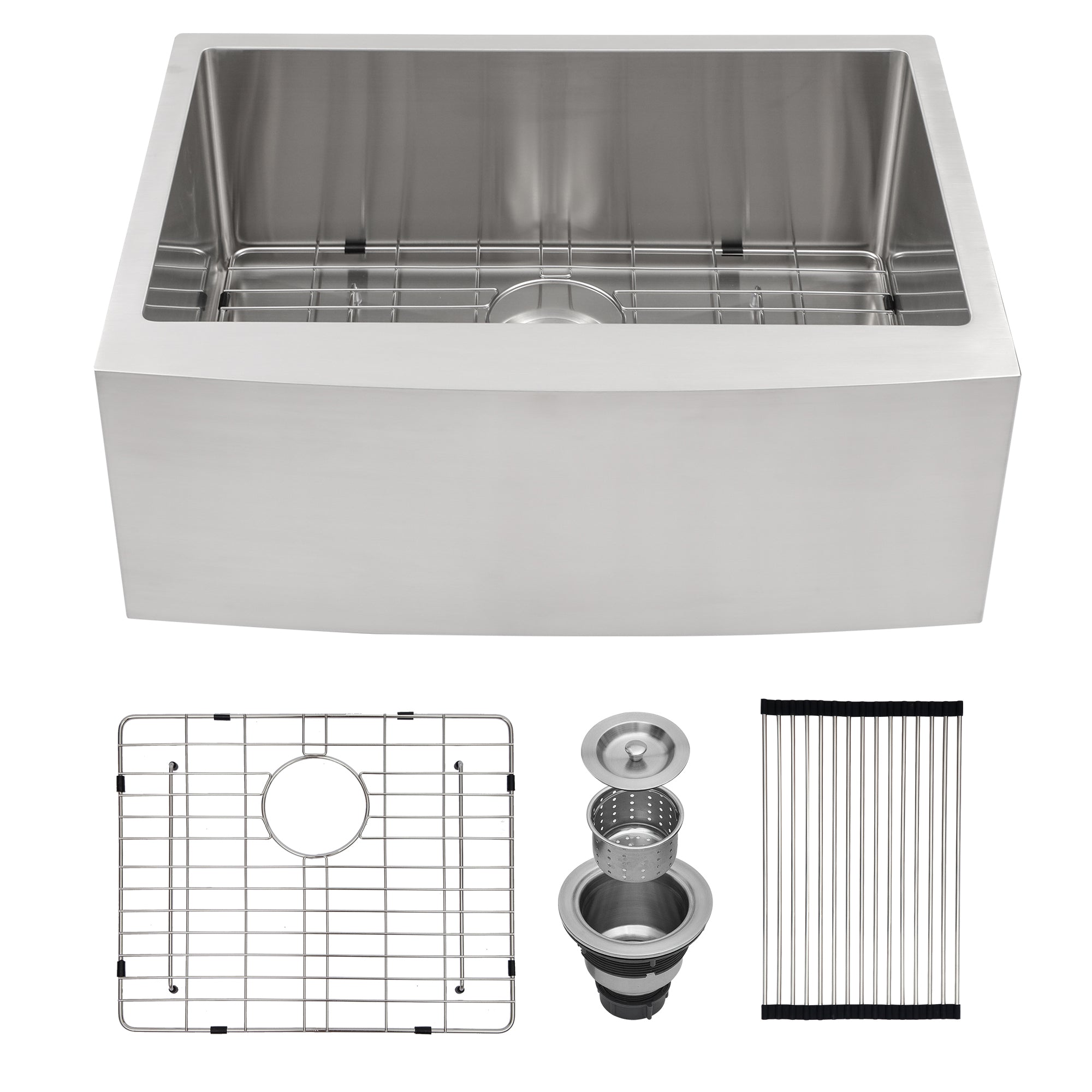 Farmhouse Style 24 Inch Kitchen Sink with Apron Front in Brushed Nickel, 16 Gauge Stainless Steel, 10 Inch Deep Basin