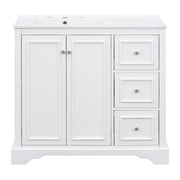 36'' Transitional Bathroom Vanity with Ceramic Sink - White Painted Finish, Solid Wood Frame, Soft-Close Doors, Adjustable U-Shelf, 3 Drawers