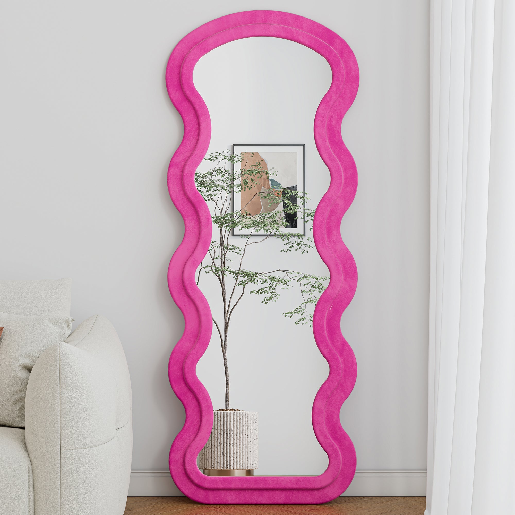 Flannel Full Length Wave rose Floor Mirror with Stand for Bedroom living room Hanging or Against The Wall