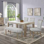 Tabitha 6Pc 66'W Rectangular White Faux Marble Top Dining Set in Light Oak Finish with Bench