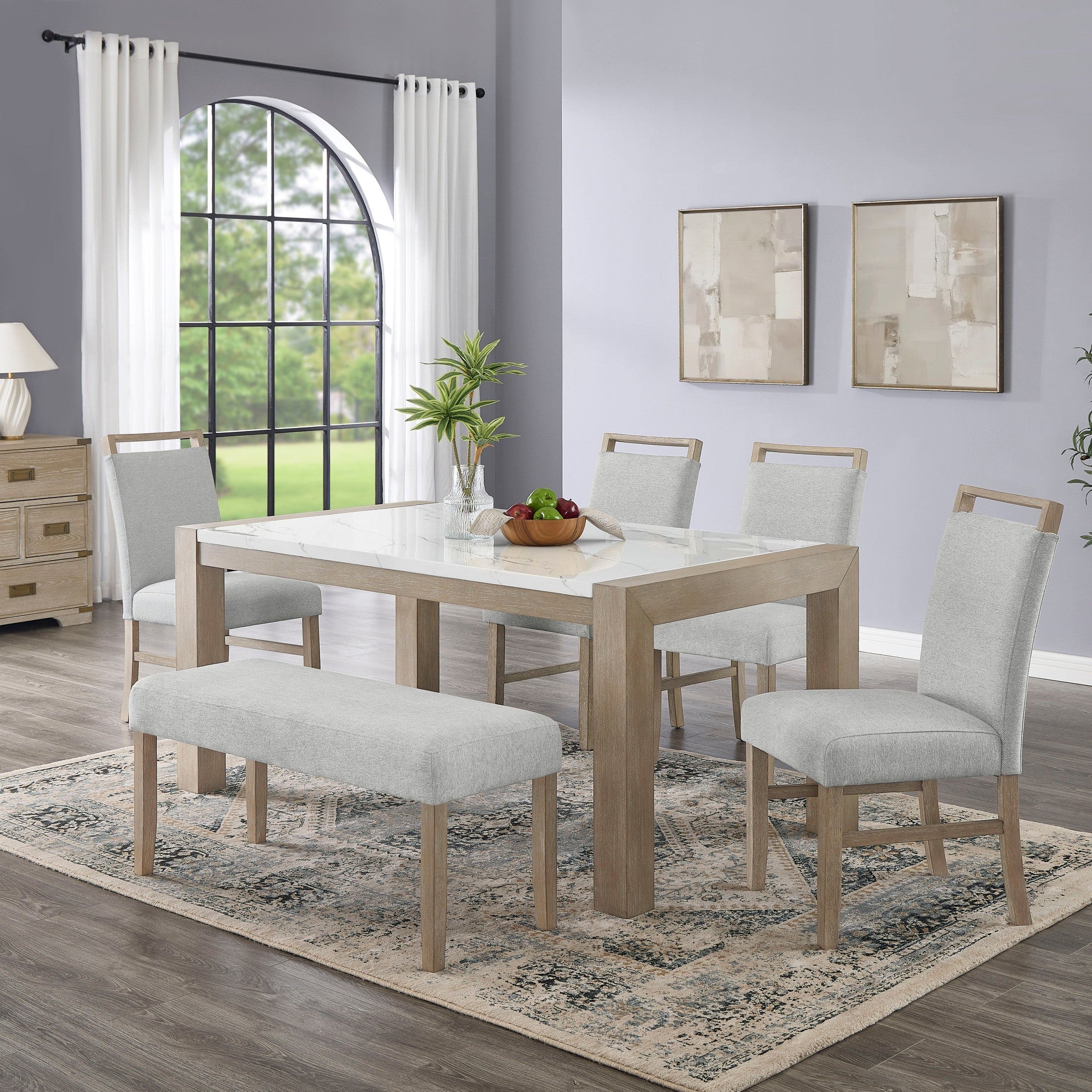 Tabitha 6Pc 66'W Rectangular White Faux Marble Top Dining Set in Light Oak Finish with Bench