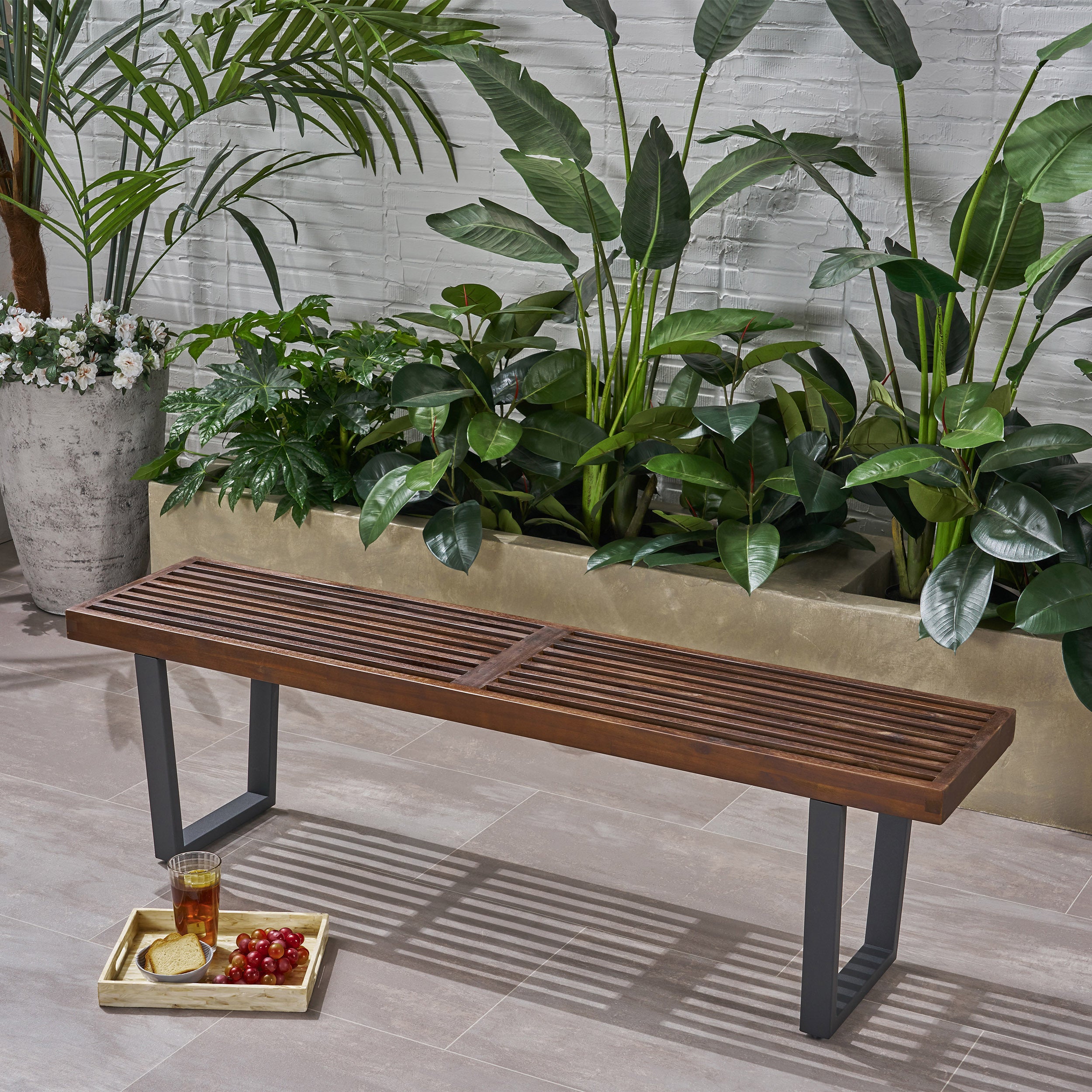 JOA Patio Dining Bench, Acacia Wood with Iron Legs, Modern, Contemporary, Dark Brown and Black