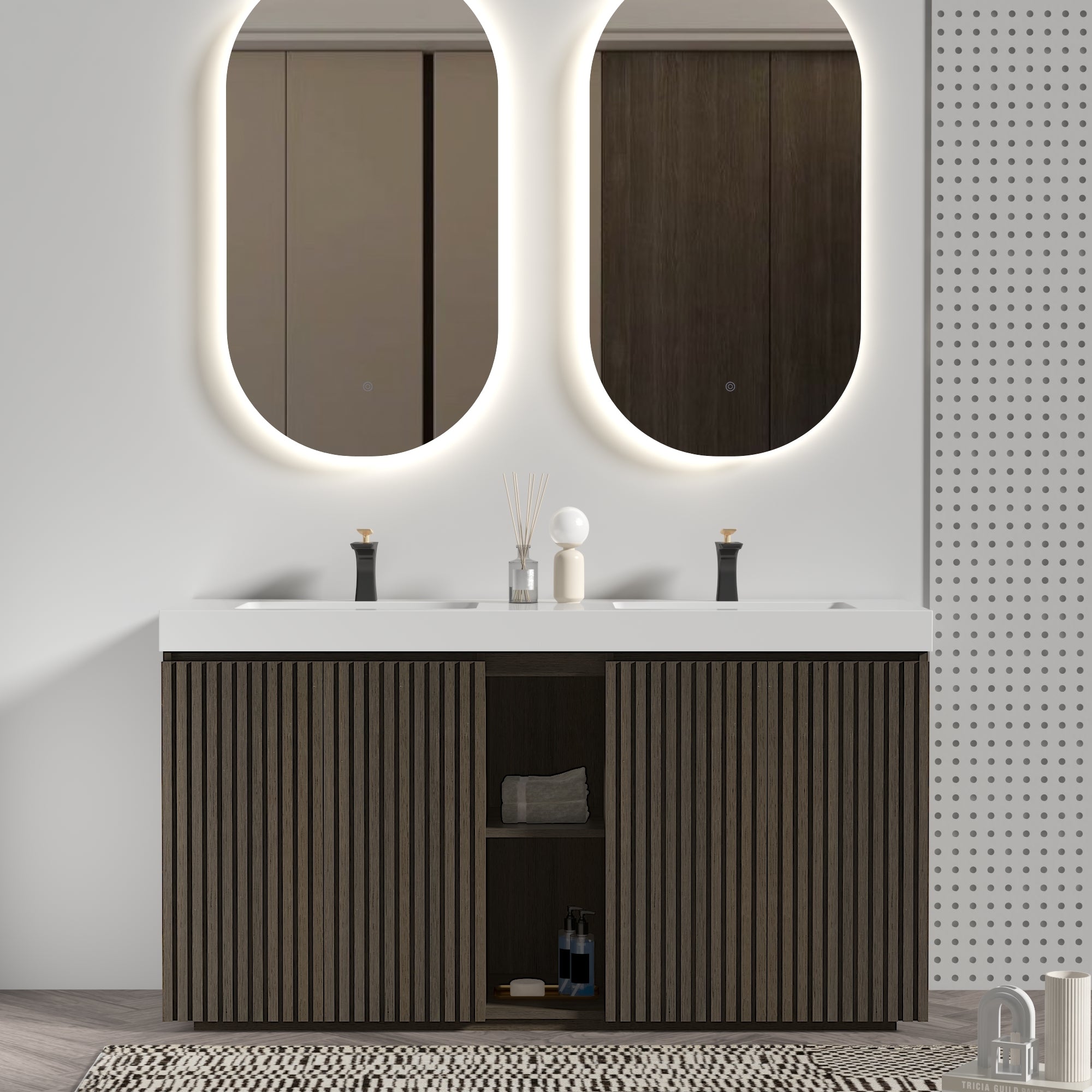 GALAN60F' Smoked Oak  Bathroom Vanity with Sink, Large Storage Freestanding Bathroom Vanity for Modern Bathroom, One-Piece White Sink Basin without Drain and Faucet, KD
