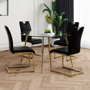 Modern simple round glass dining table, wear-resistant tempered glass countertop, gold-plated legs, black PU dining chair set, suitable for restaurant kitchen use (set of 5)