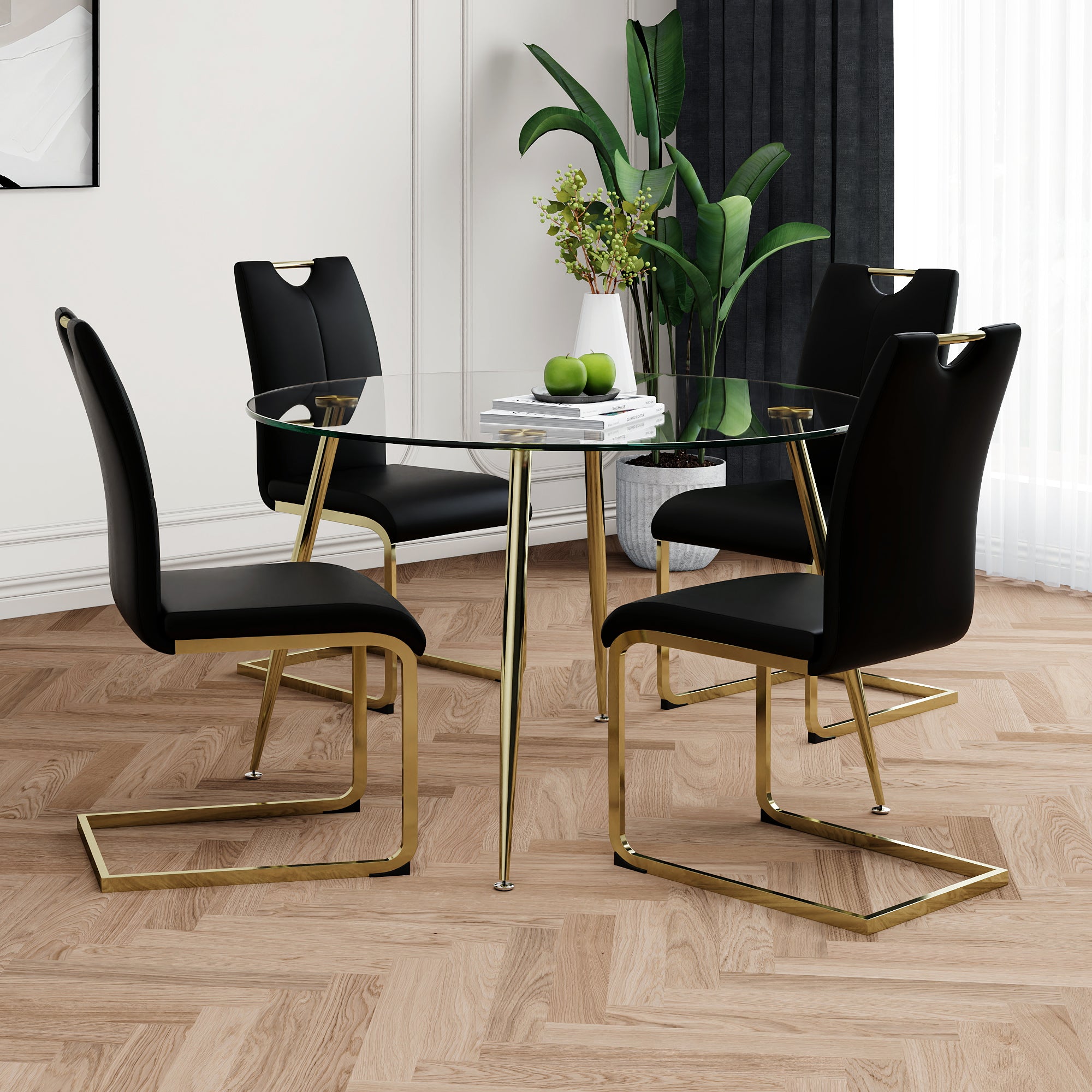 Modern simple round glass dining table, wear-resistant tempered glass countertop, gold-plated legs, black PU dining chair set, suitable for restaurant kitchen use (set of 5)
