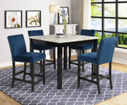 5pc Counter Height Dining Set Square White Faux Marble Table Blue Velvet Upholstered Tufted Nail Head Chairs Wooden Leg Dining Room Furniture Black