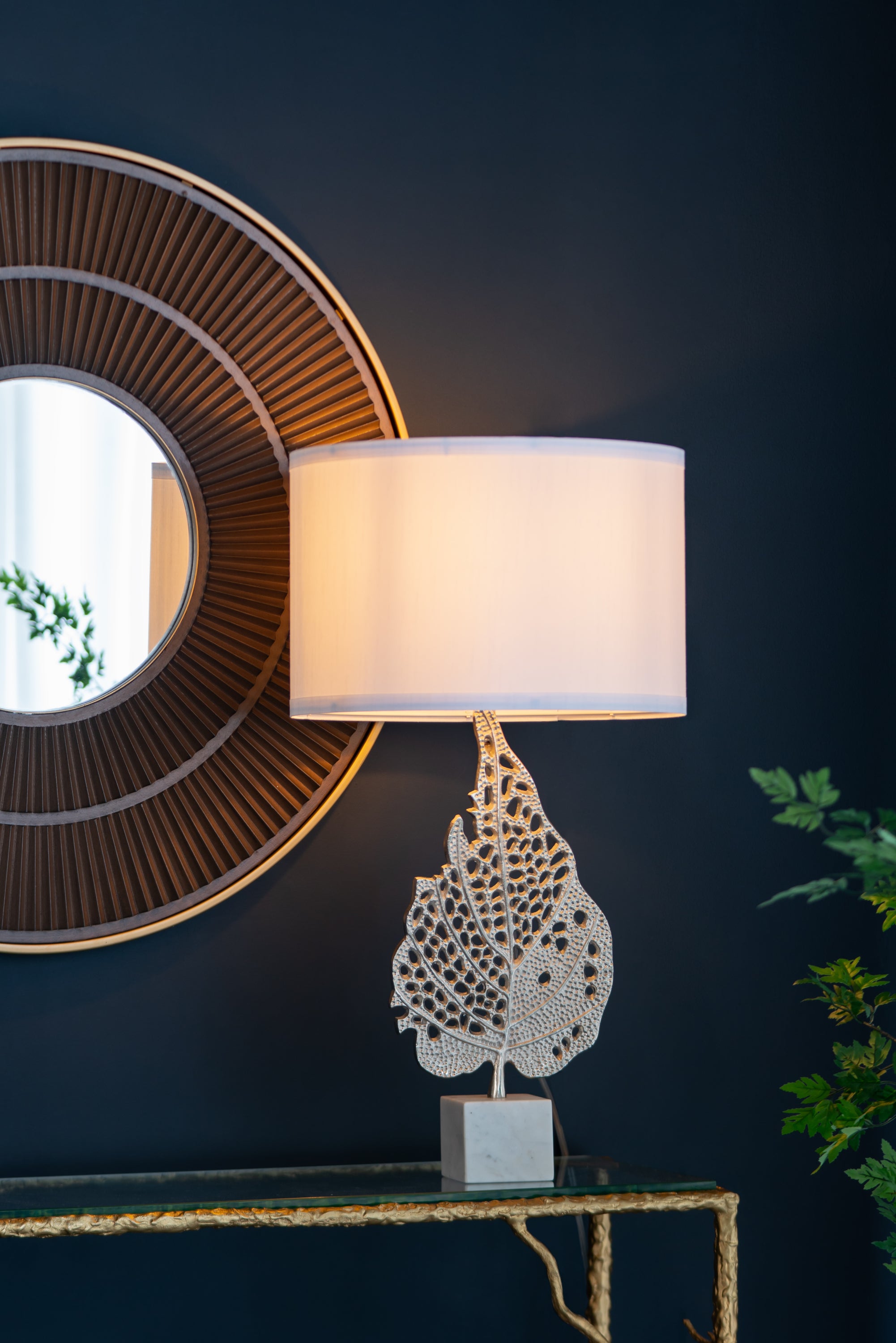 D15x29.3' White and Silver Leaf Table Lamp with Drum Shade and Marble Base (Lamp Shade Assembly Required)