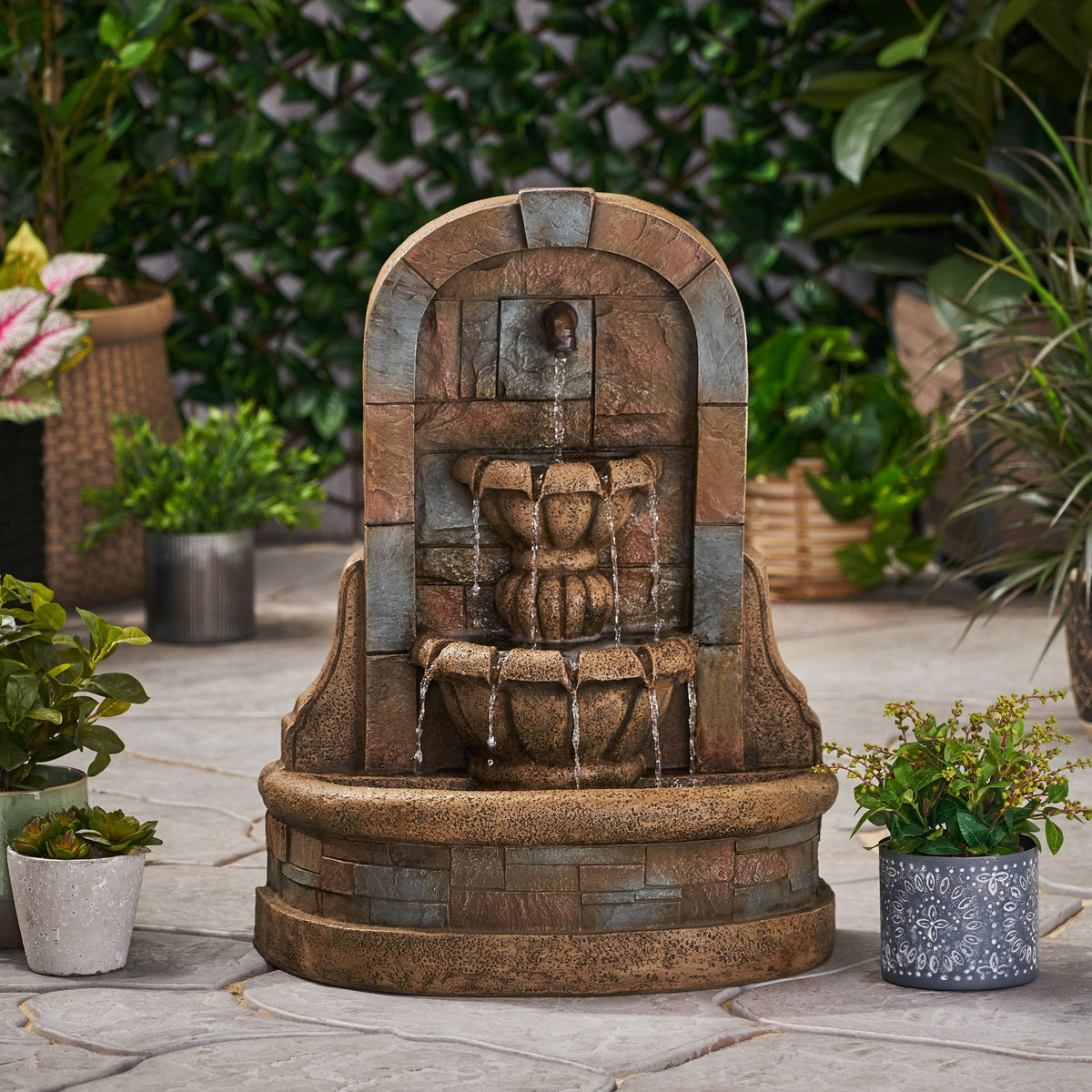 29' High BAGWELL FOUNTAIN Outdoor Weather Resistant Floor Fountain,Stone Gray