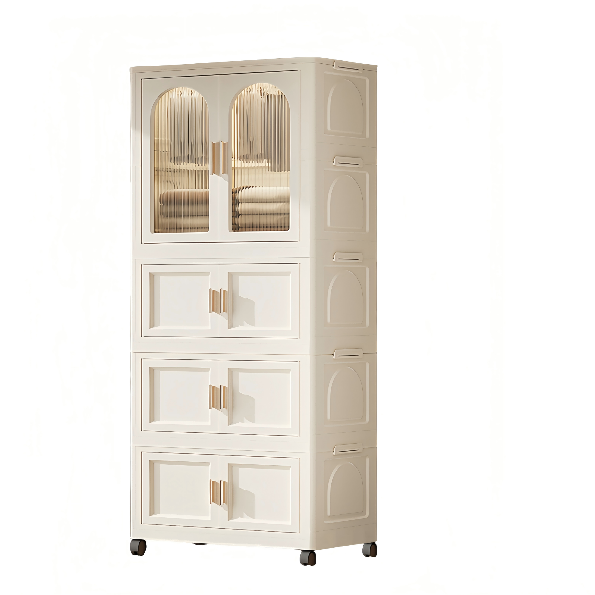 Folding Wardrobe Cabinet 25.59-Inch Wide cream white Plastic with Magnetic Doors, Wheels, and 10 Hangers