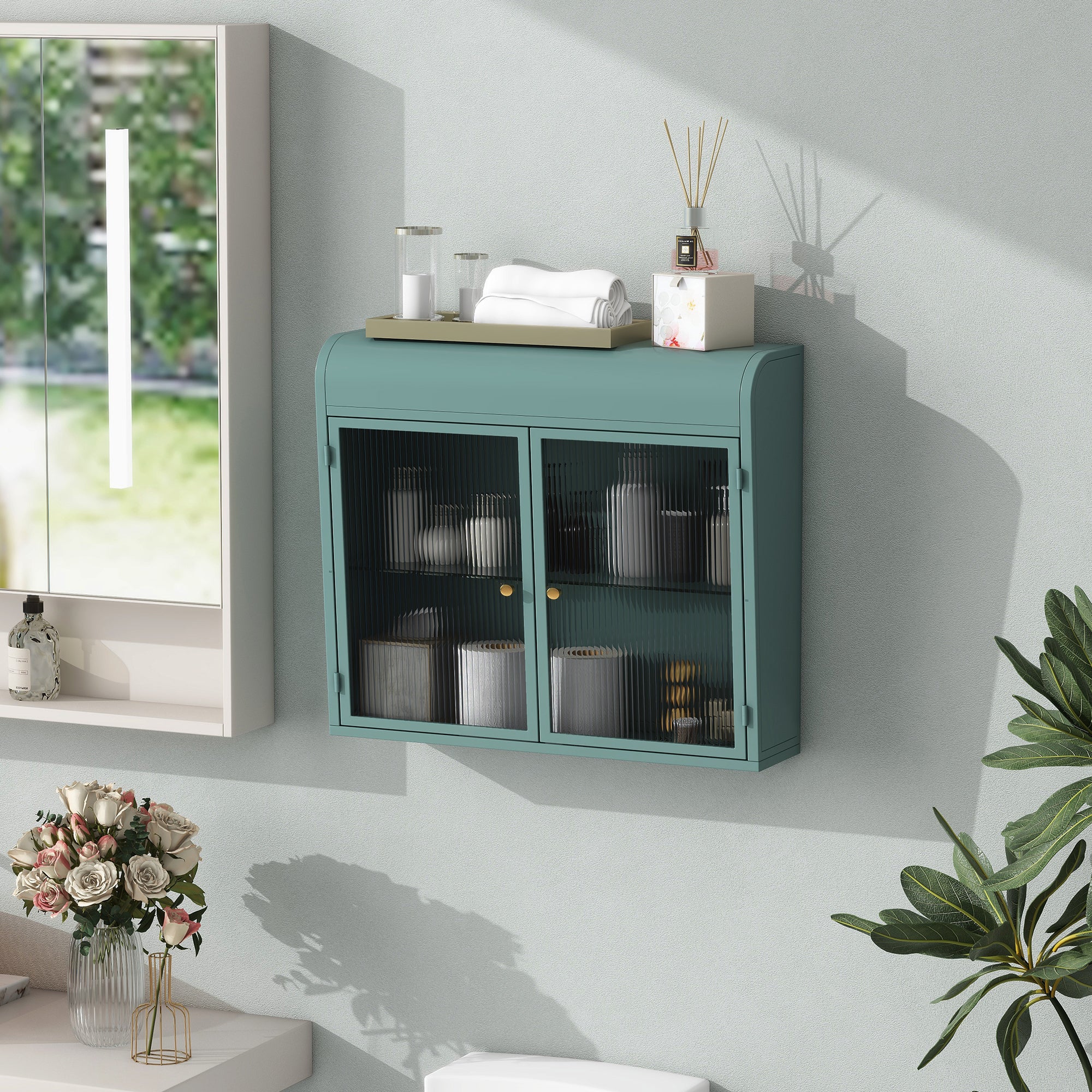 Army Green 2-Door Wall-Mounted Metal Storage Cabinet with Tempered Glass Doors & Shelves for Bathroom, Kitchen, Living Room & Office